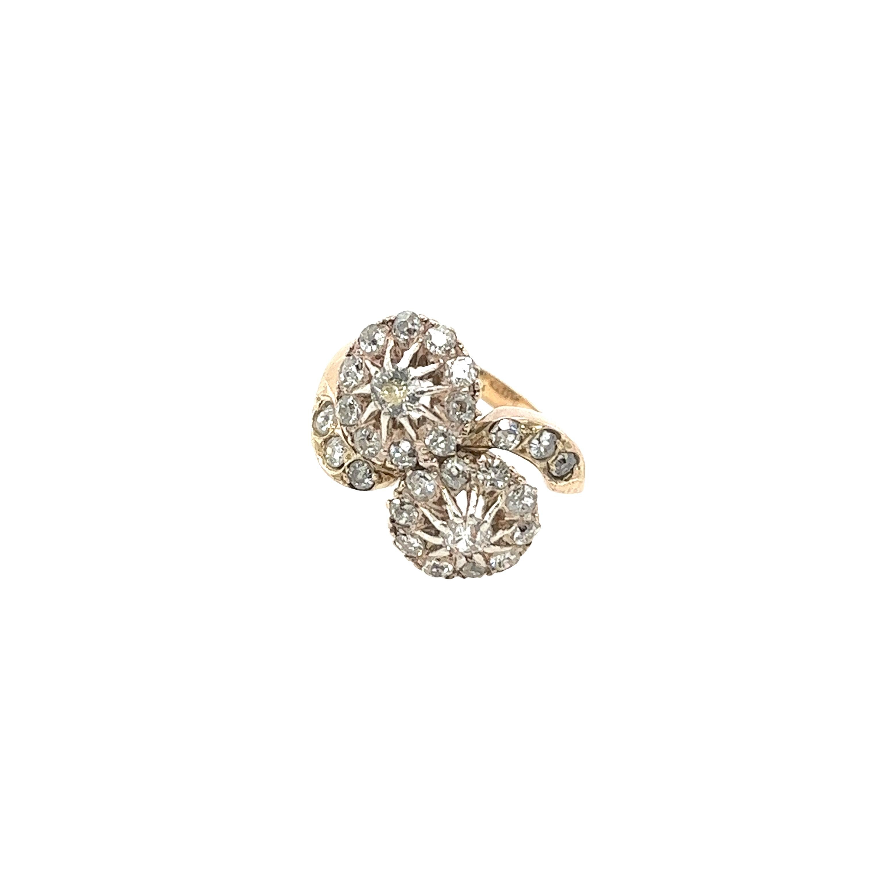 Vintage 14ct Yellow Gold Cluster Diamond Ring, Set With 0.70ct Old Cut Diamonds For Sale 1
