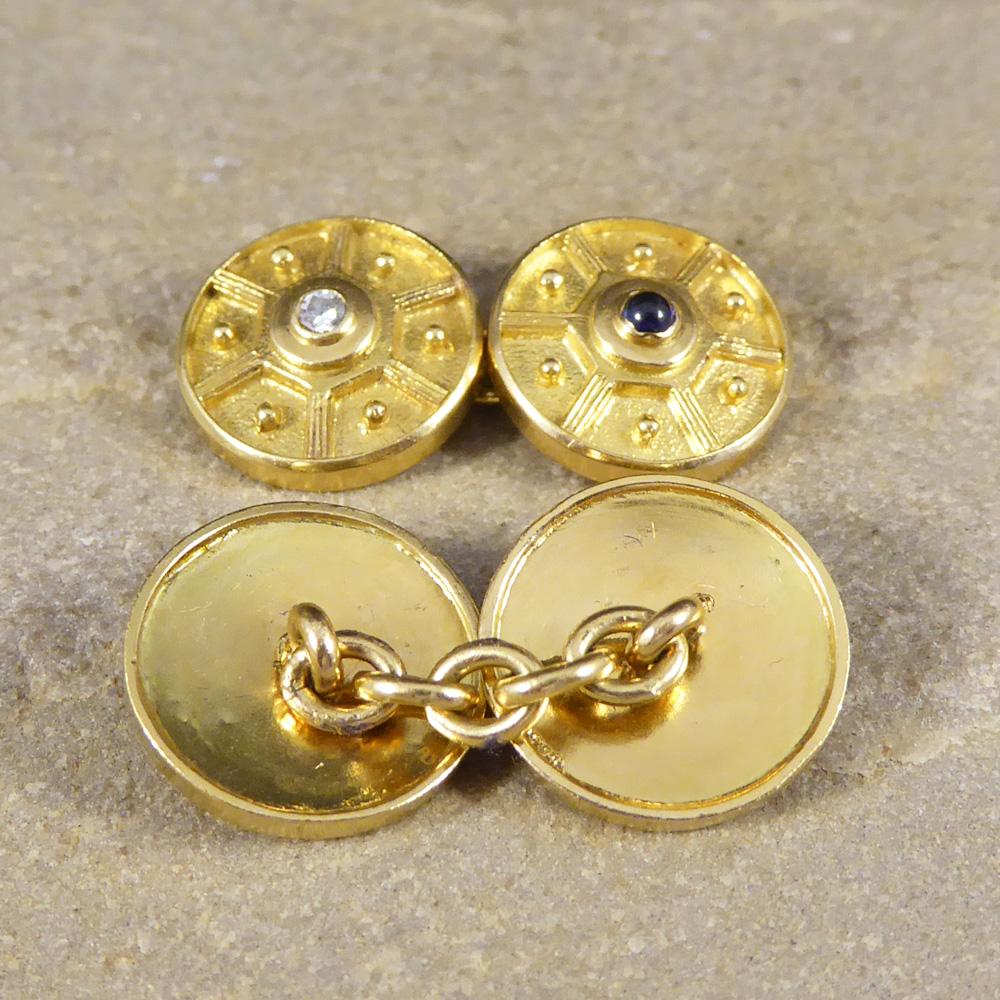 Women's or Men's Vintage 18 Carat Gold Cufflinks with Diamond and Cabochon Sapphire Centres