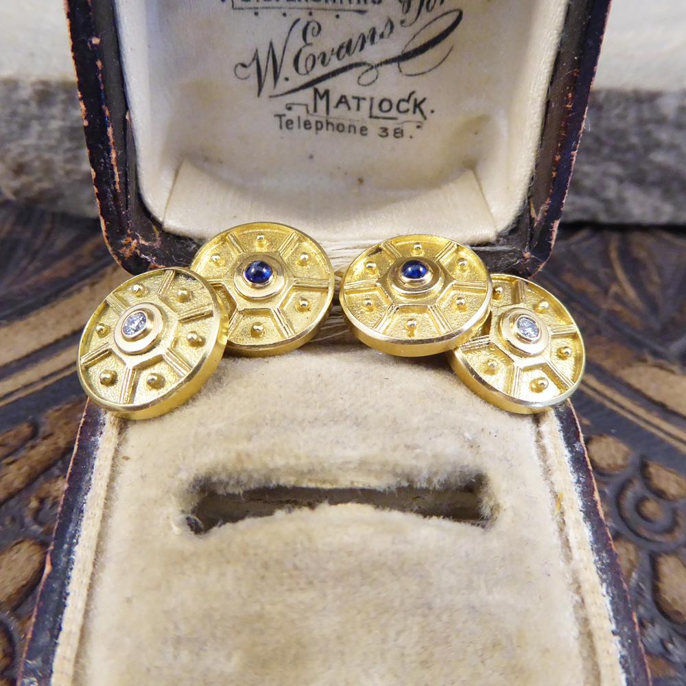 Vintage 18 Carat Gold Cufflinks with Diamond and Cabochon Sapphire Centres 3