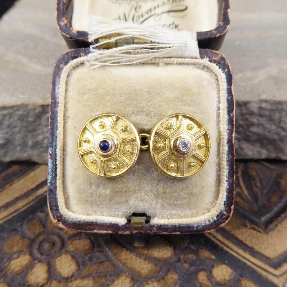 Vintage 18 Carat Gold Cufflinks with Diamond and Cabochon Sapphire Centres 4