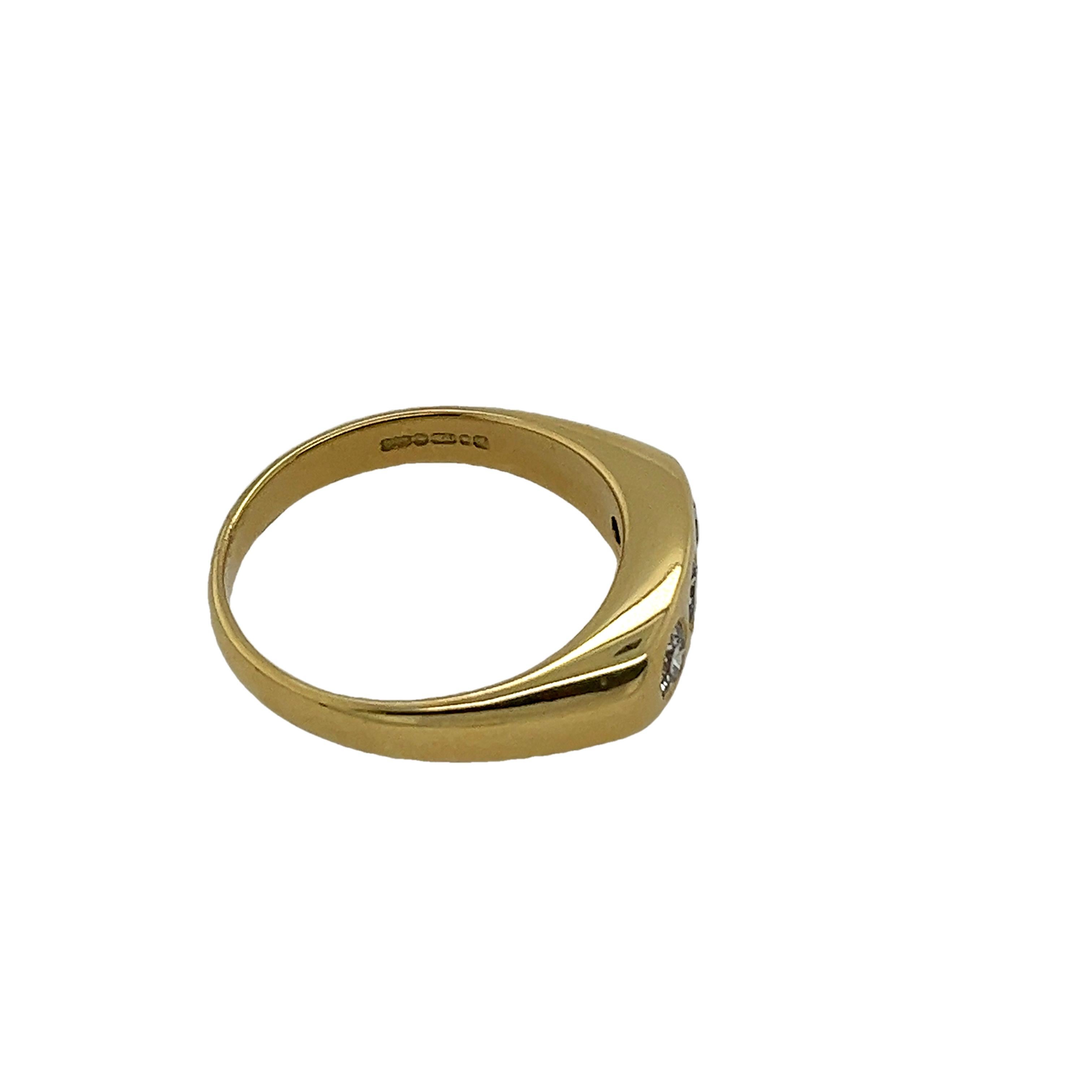 Embrace vintage elegance with this 18ct Yellow Gold 3-Stone Ring, 
featuring 0.70ct of dazzling diamonds set in a classic gypsy style. 
This timeless piece exudes sophistication and charm, 
making it a perfect addition to any fine jewellery