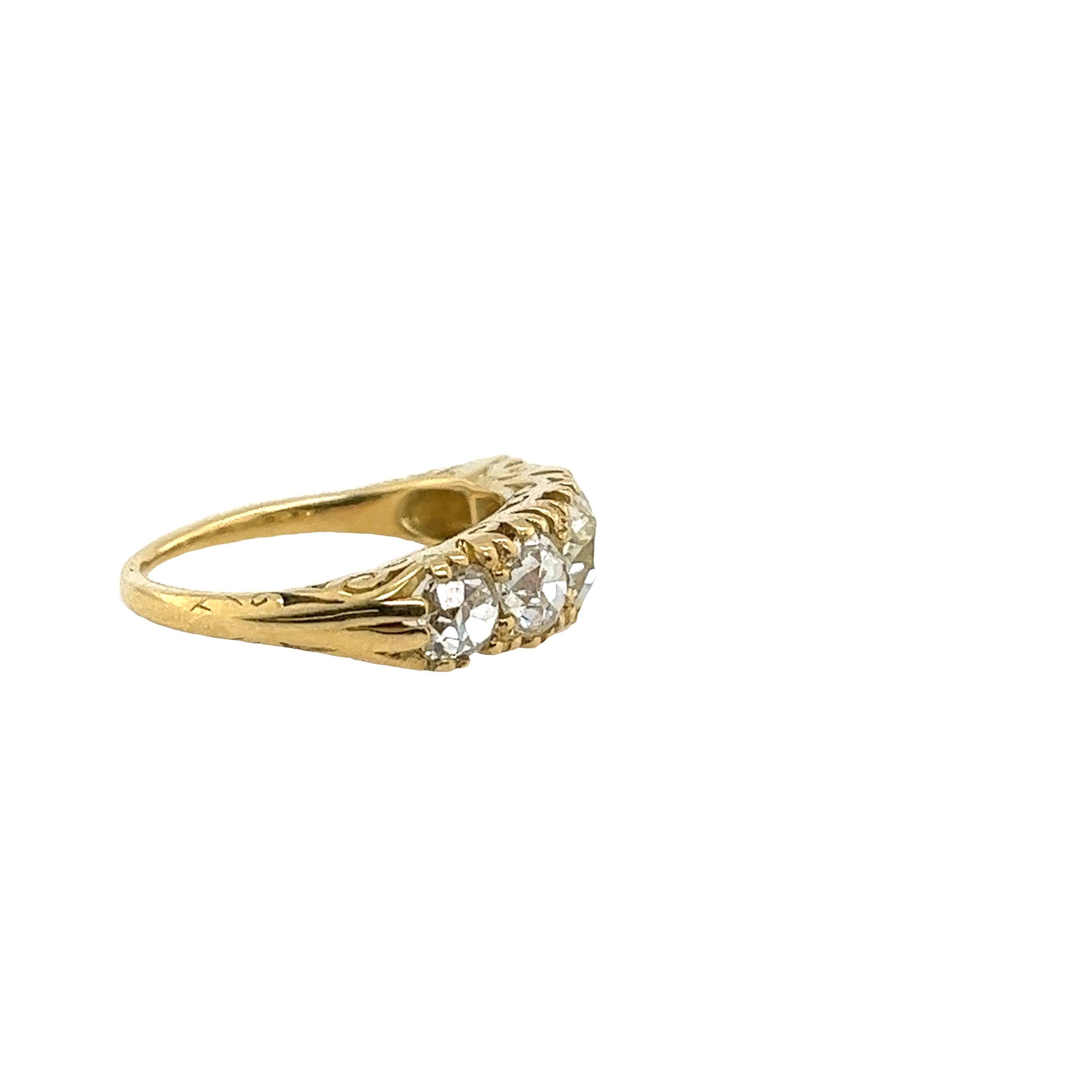 An elegant vintage 5-stone diamond ring, set with 5 old cut diamonds, H colour SI clarity in an 18ct yellow gold setting.
Total Diamond Weight: 1.95ct
Diamond Colour: H
Diamond Clarity: SI1
Width of Band: 1.25mm
Width of Head: 6.63mm
Length of Head: