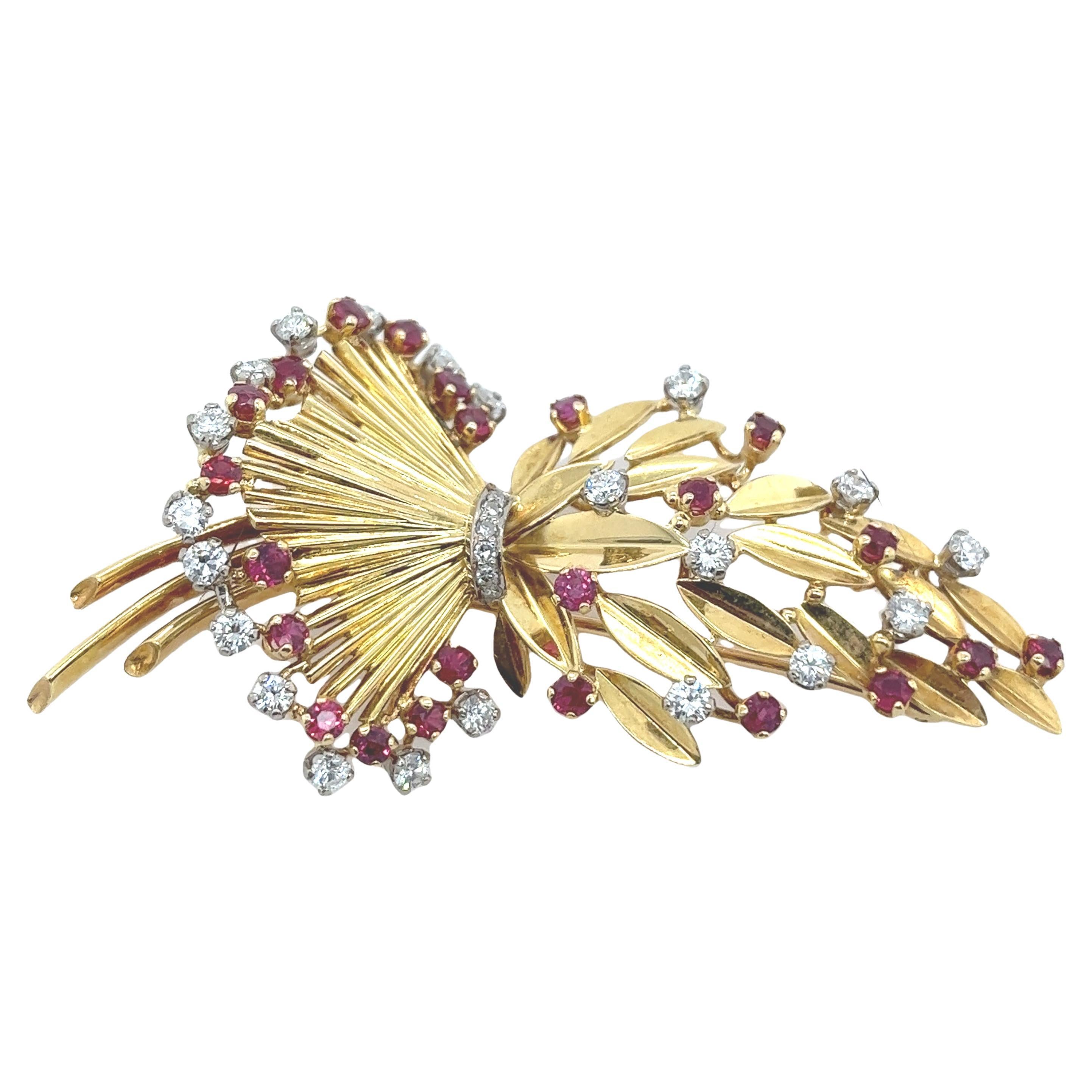 Vintage 18ct Yellow Gold Diamond & Rubies Brooch