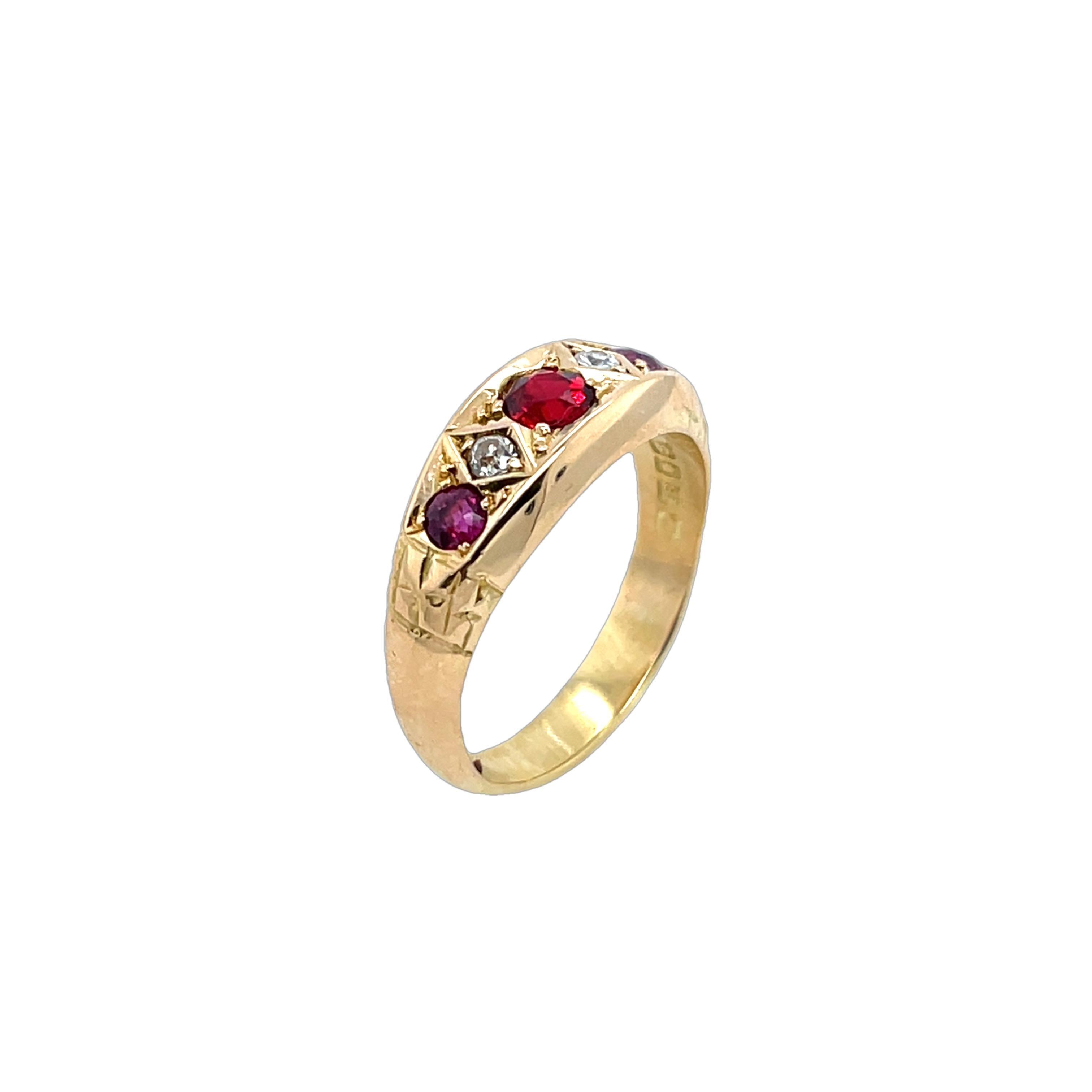 This stunning vintage 18ct yellow gold ring is beautifully 
set with natural rubies and sparkling diamonds, 
exuding classic elegance and timeless charm. 
A perfect statement piece for collectors 
or those who appreciate fine jewellery.

Total