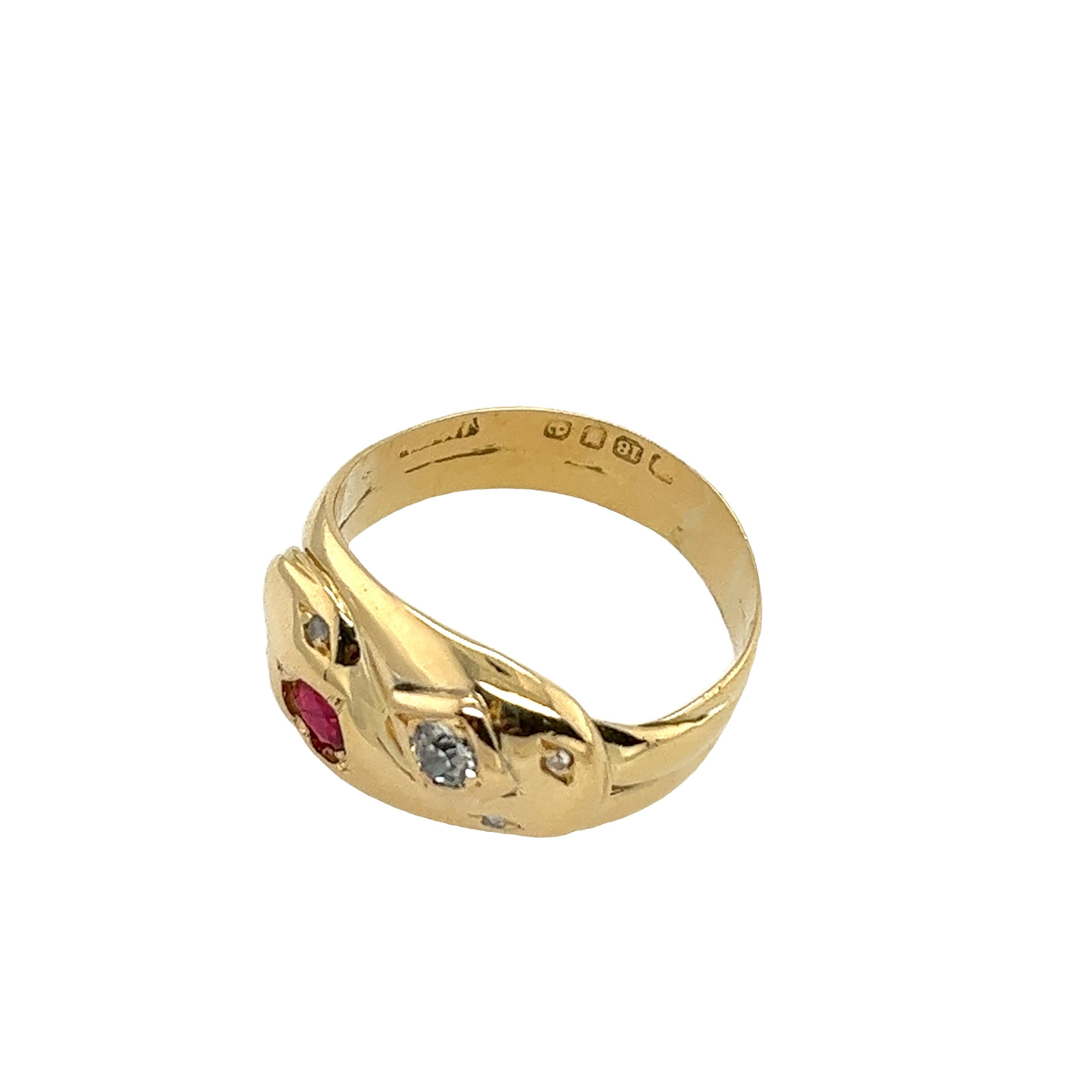 Vintage 18ct Yellow Gold Diamond & Ruby ring set in a Double Snake Heads For Sale 1
