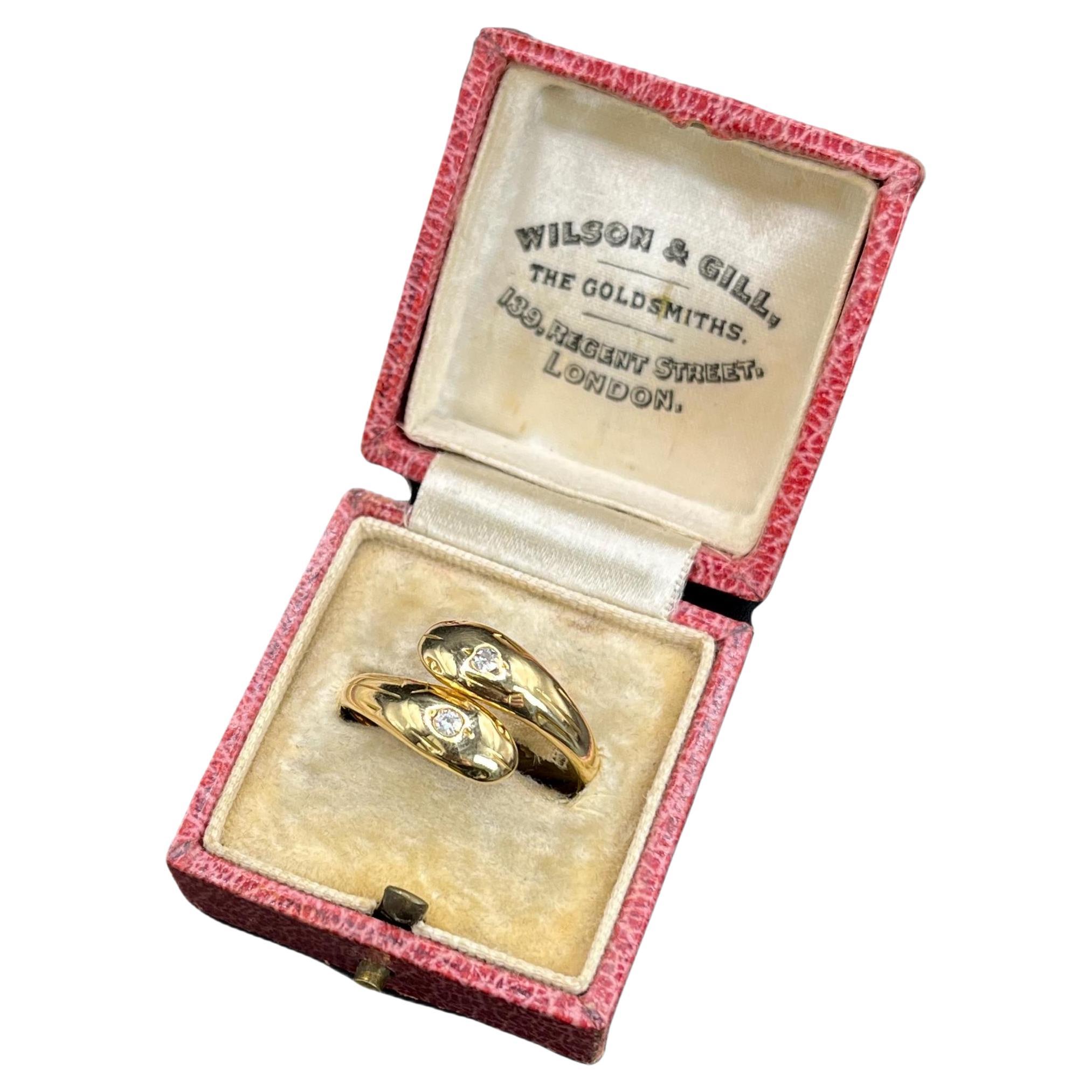 Vintage 18ct Yellow Gold, Double Head Diamond Snake Ring, Circa 1980s For Sale