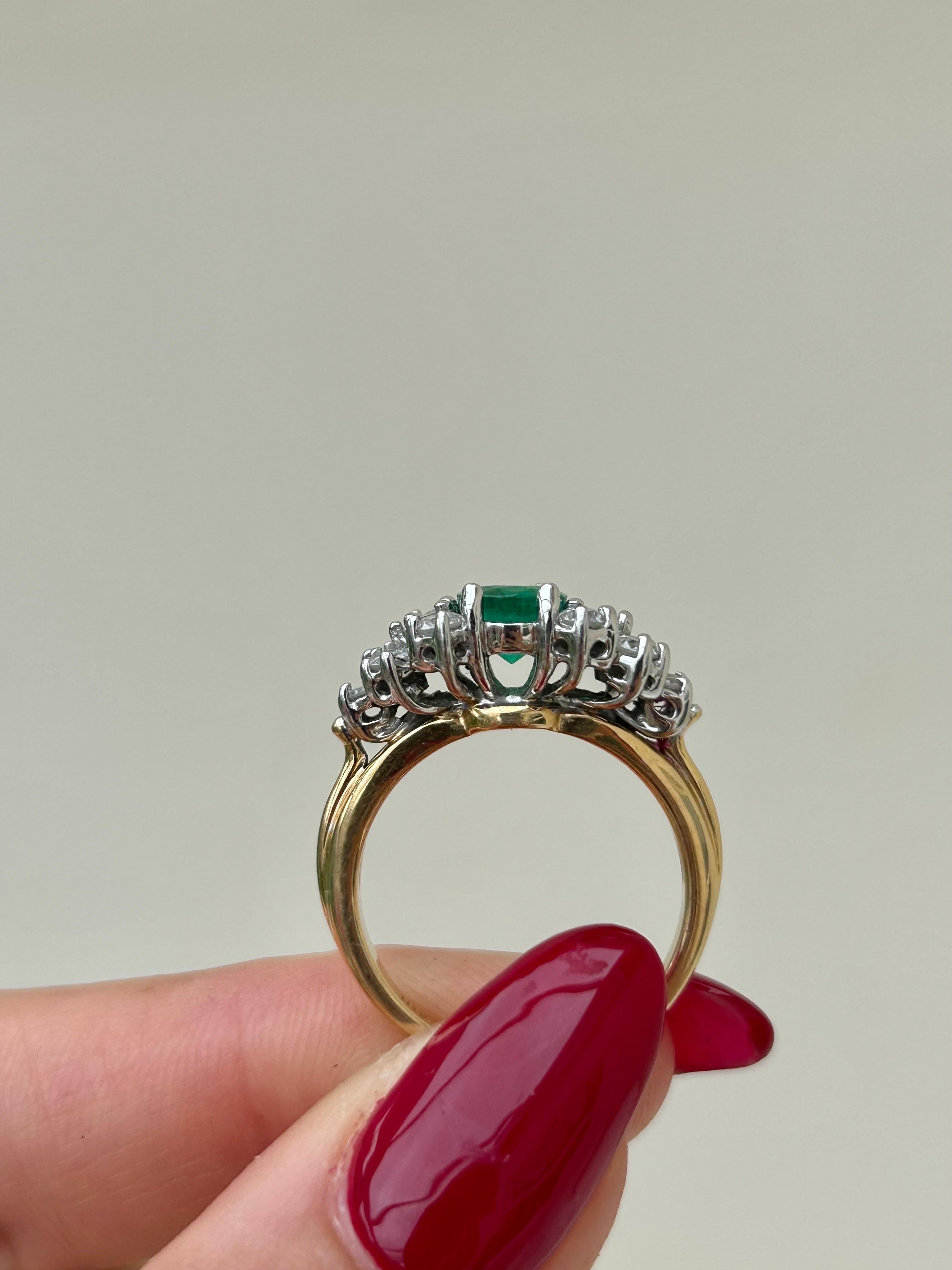 Vintage 18ct Yellow Gold Emerald and Diamond Statement Ring 

emeralds approx 1 carat , diamond approx 90 points 

most outstanding diamond and emerald ring, truly excellent! 

The item comes without the box in the photos but will be presented in a