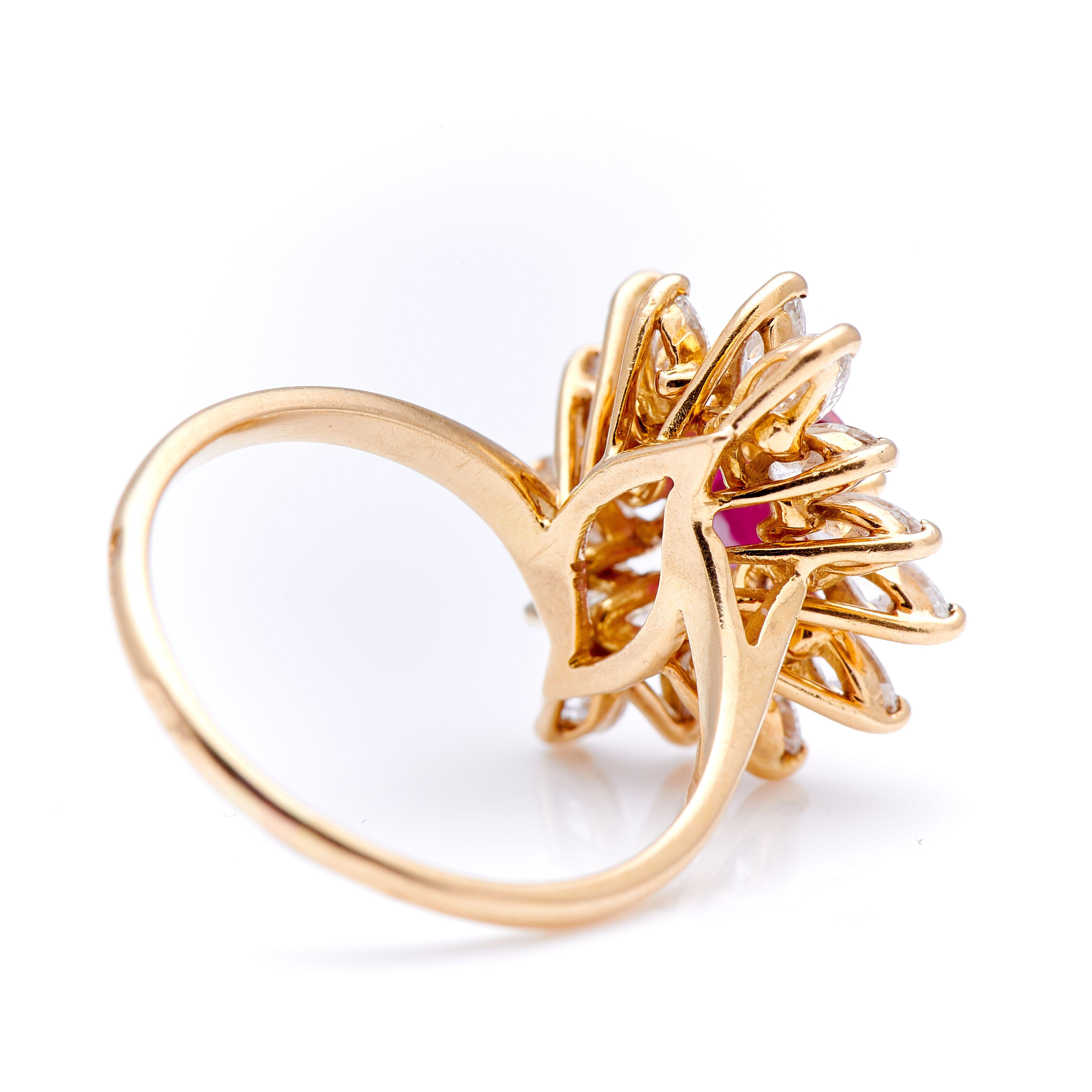 Cushion Cut Vintage, 18 Carat Yellow Gold, Natural Certified Ruby and Diamond Cluster Ring