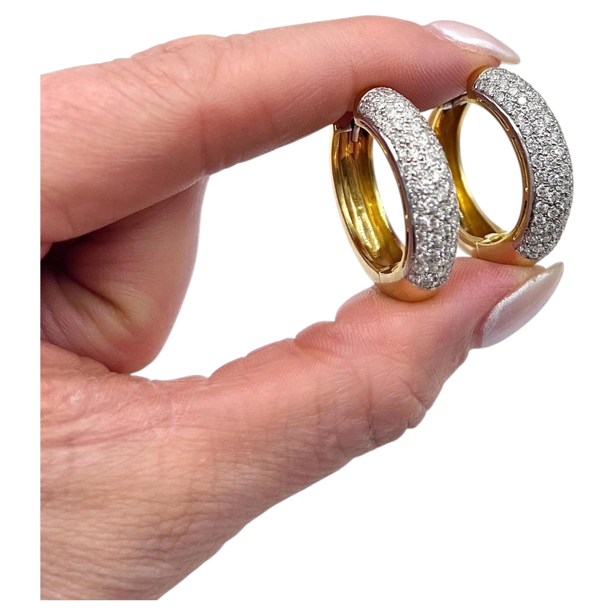 Vintage 18ct Yellow Gold Pavé set Diamond Huggies Hoop Earrings, French Stamped For Sale