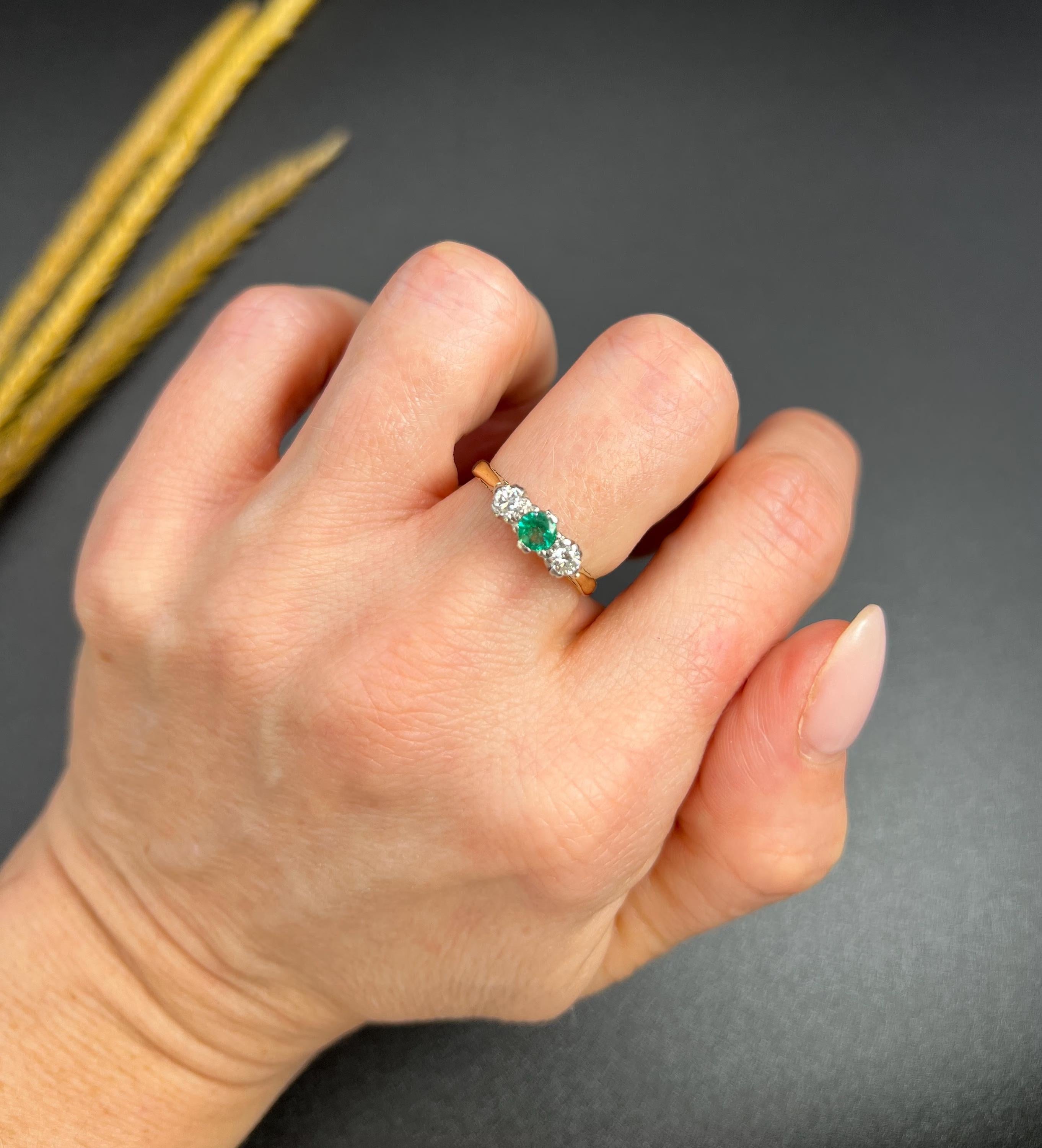 Vintage 18ct Yellow Gold & Platinum, 1950s 3 Stone Emerald and Diamond Ring For Sale 4