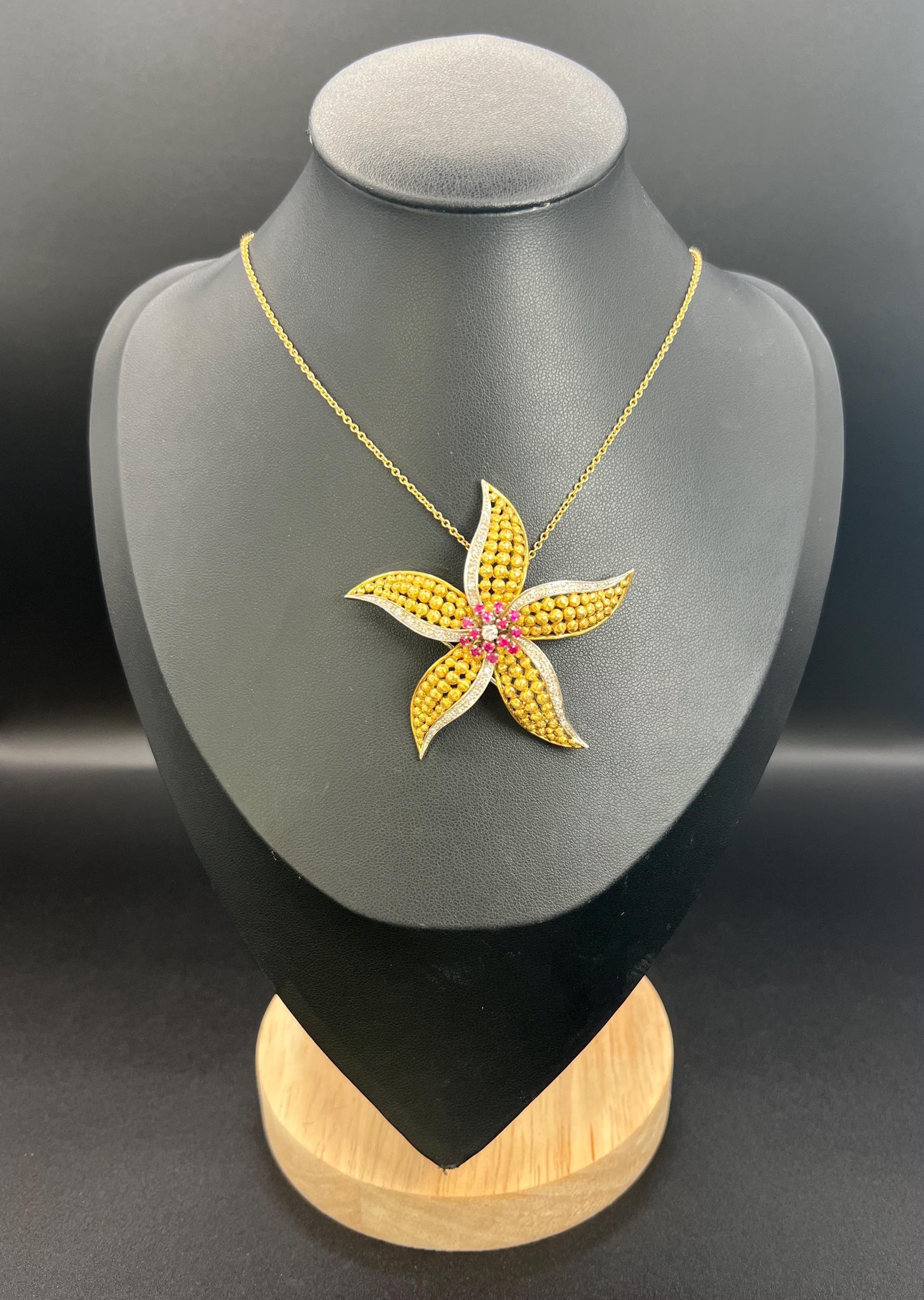 Round Cut Vintage 18ct Yellow Gold & Platinum 1970s Ruby and Diamond Flower Brooch/Pendant For Sale