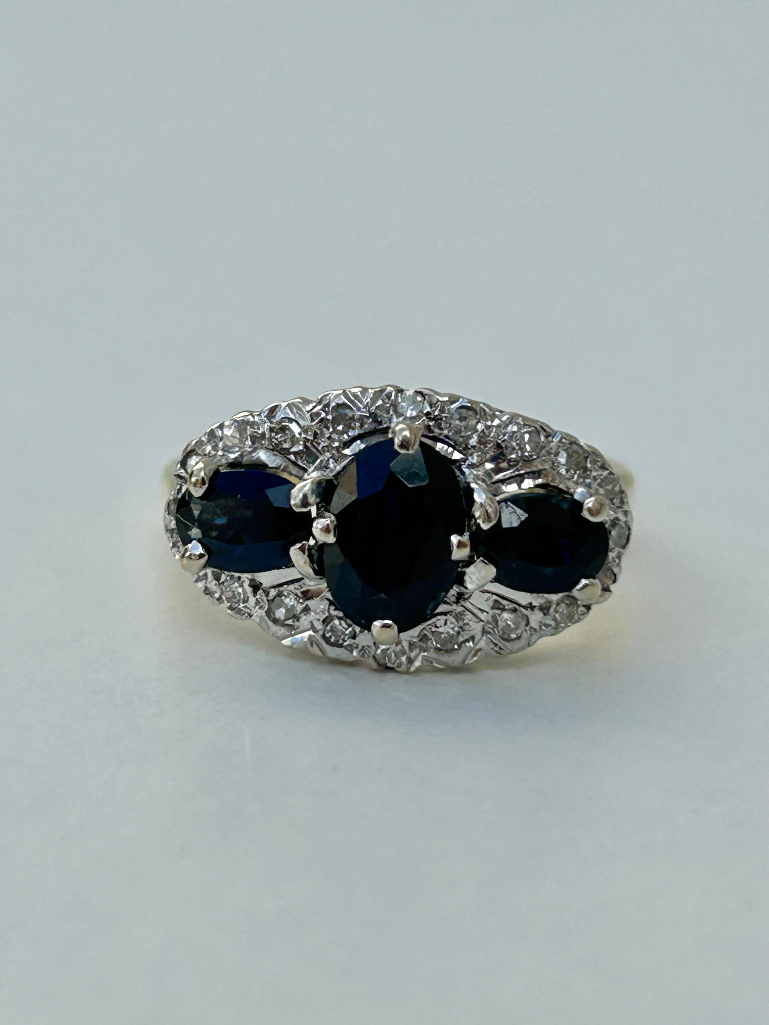 Women's or Men's Vintage 18 Carat Yellow Gold Sapphire and Diamond Triple Halo Ring For Sale