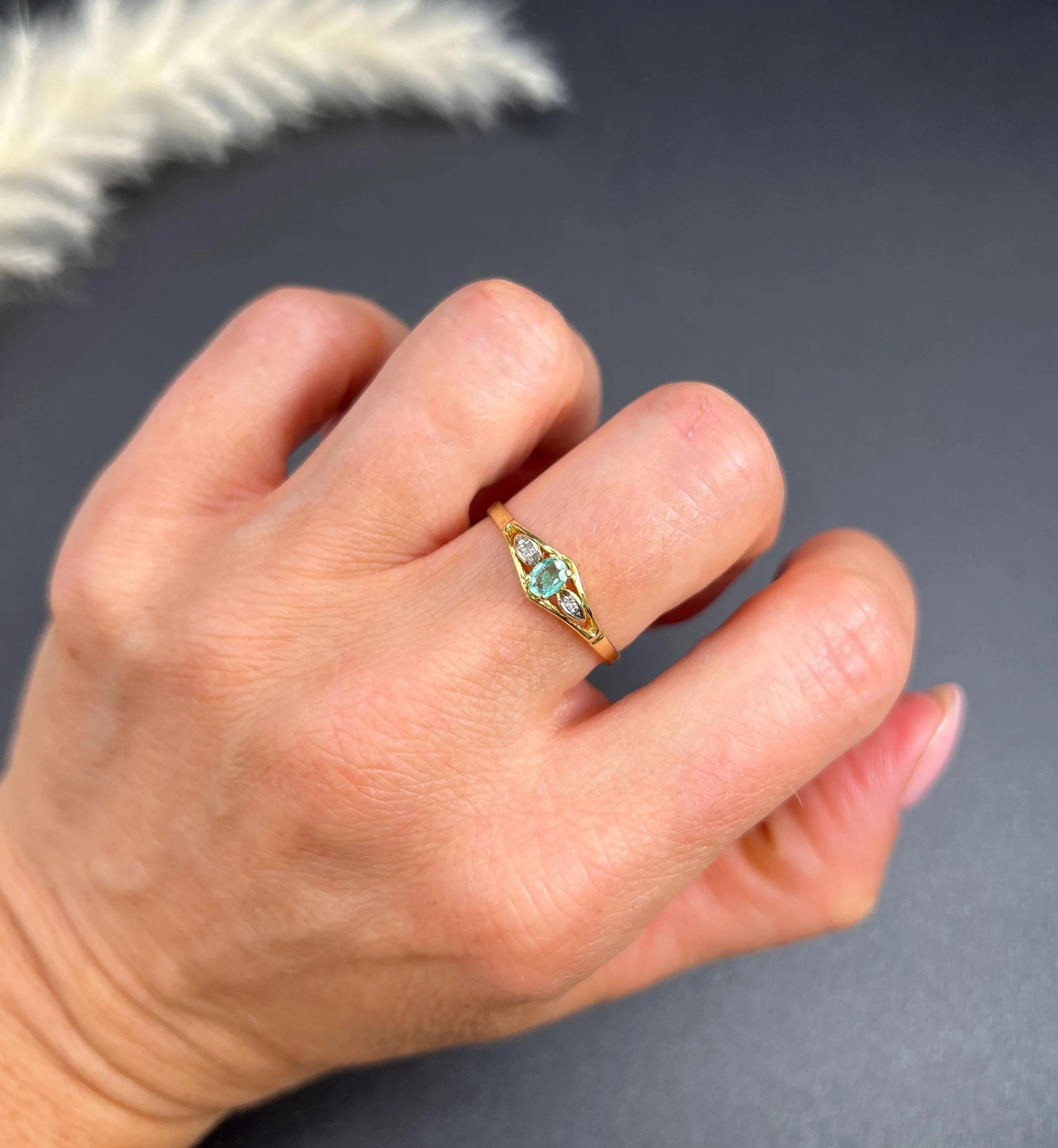 Vintage Emerald & Diamond Ring

18ct Gold Stamped 750

Circa 1990s

This exquisite vintage trilogy ring showcases an enchanting oval-shaped emerald at its heart, surrounded by two natural diamonds that enhance its vibrant allure. Crafted in