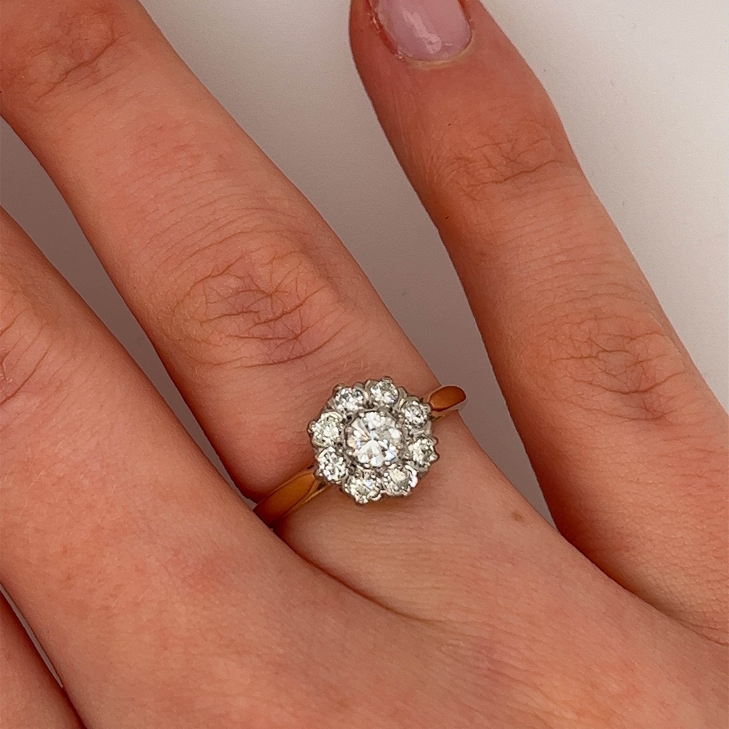 Ein eleganter und einzigartiger Vintage-Diamant-Cluster-Ring, 
besetzt mit 0,45ct Diamanten im Rundschliff
in einer Fassung aus 18 Karat Gelb und Platin.
Gesamtgewicht der Diamanten: 0,45ct
Farbe des Diamanten: H-I
Diamant Reinheit: SI
Breite des