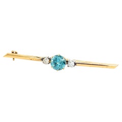Vintage 18ct Yellow & White Gold Blue Topaz & Round Diamond Bar Brooch