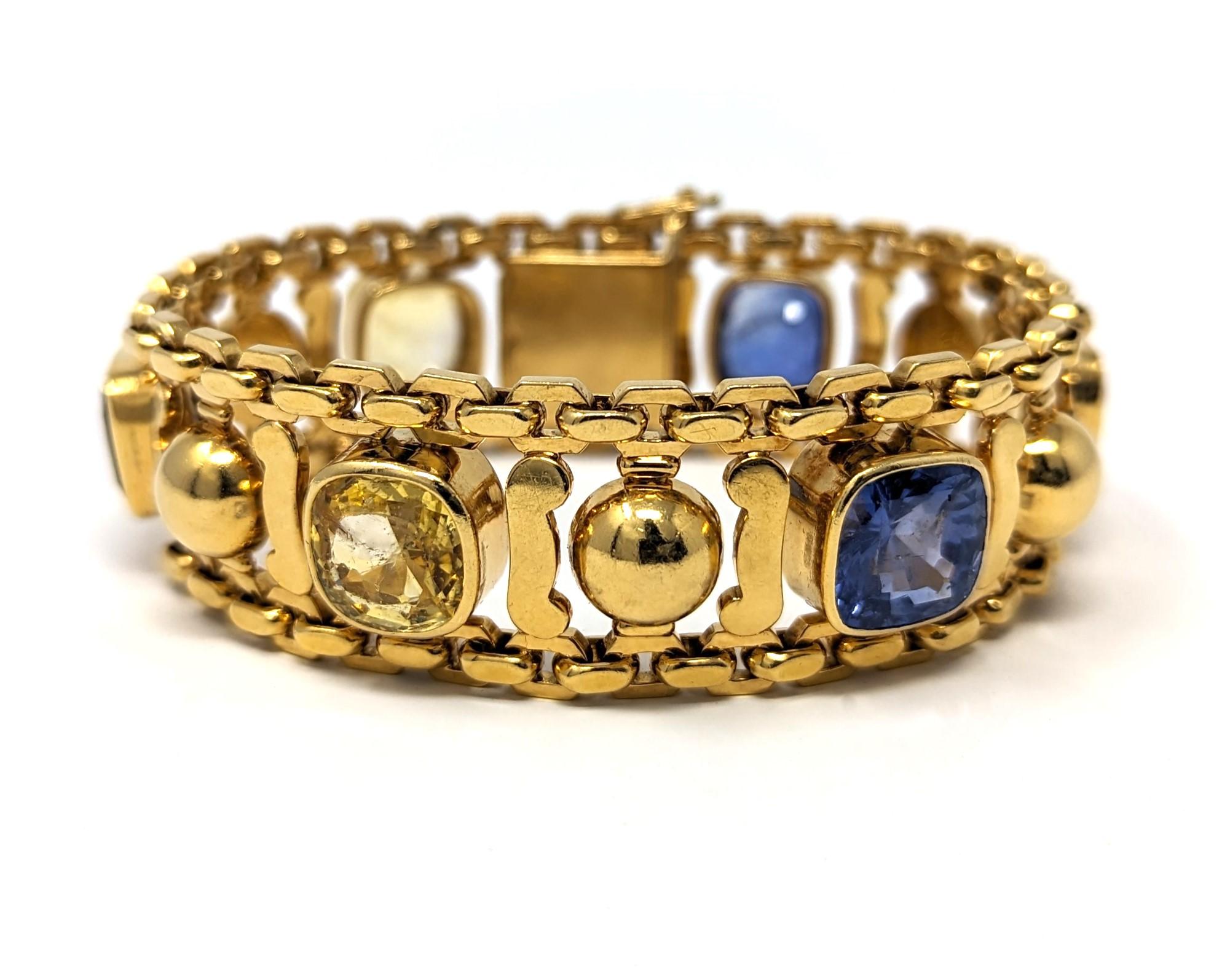 Modern Vintage 18k 750 Solid Yellow Gold Natural Blue & Yellow Sapphire Bracelet Signed For Sale