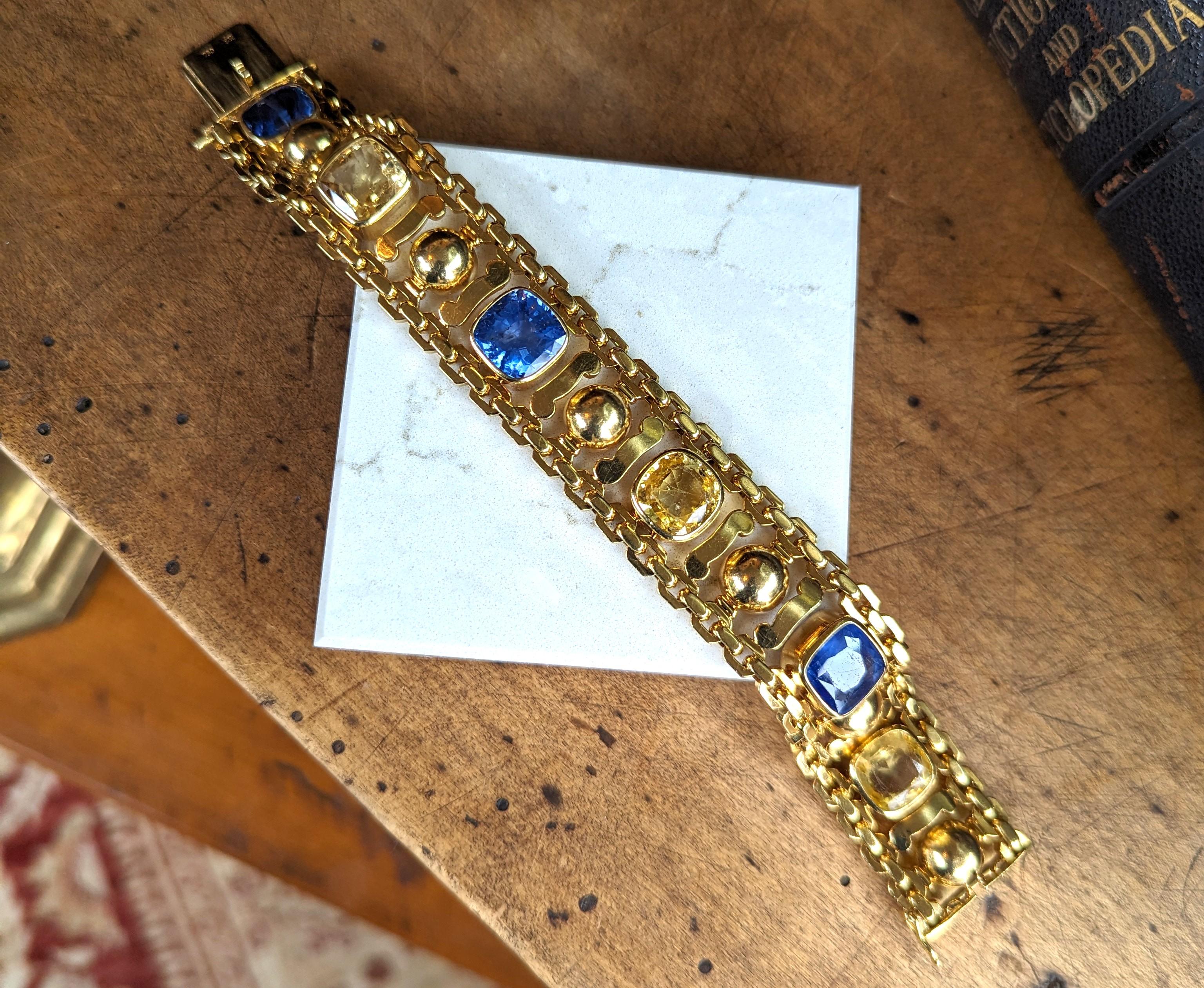Cushion Cut Vintage 18k 750 Solid Yellow Gold Natural Blue & Yellow Sapphire Bracelet Signed For Sale
