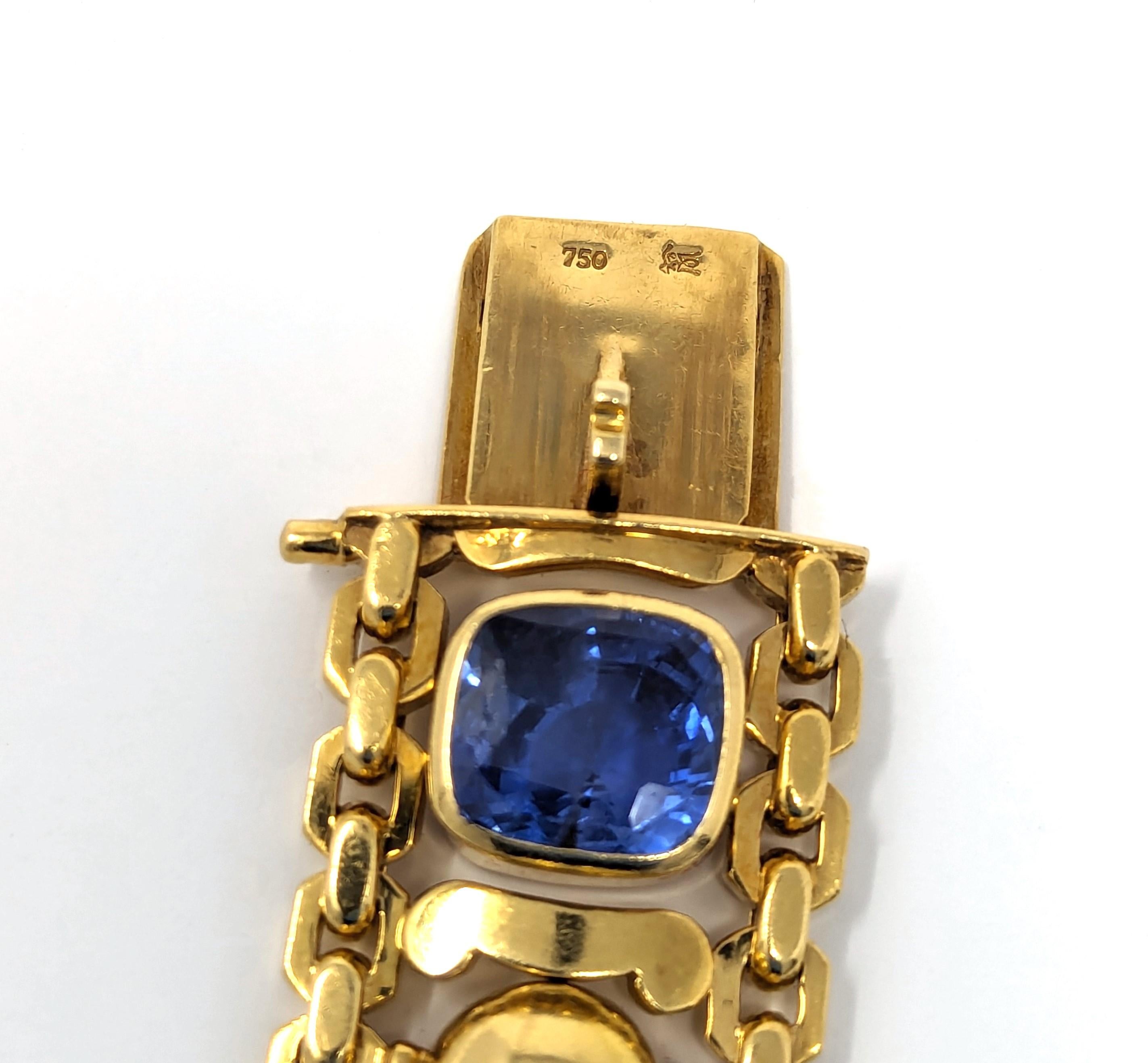 Vintage 18k 750 Solid Yellow Gold Natural Blue & Yellow Sapphire Bracelet Signed For Sale 1