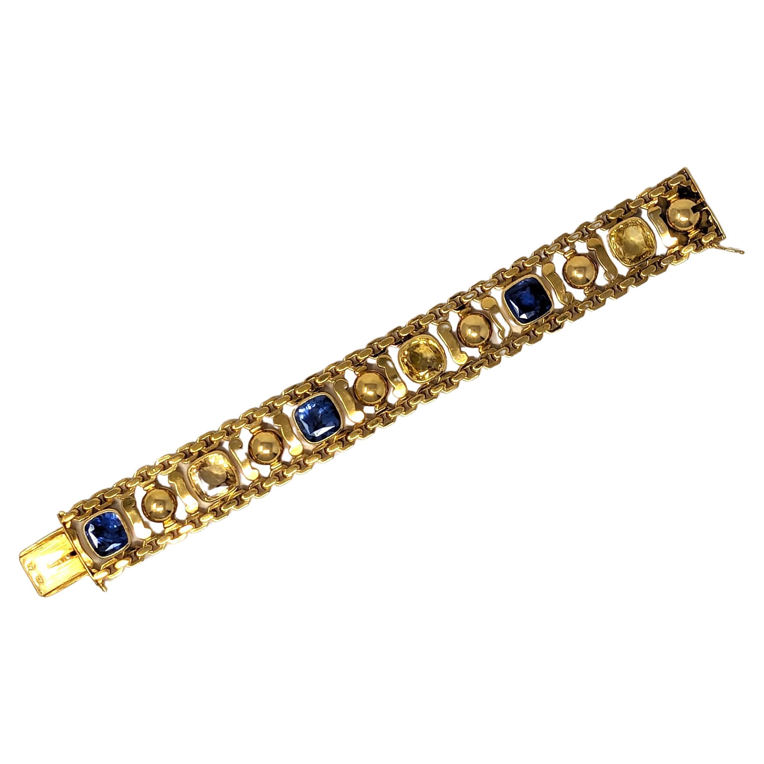 Vintage 18k 750 Solid Yellow Gold Natural Blue & Yellow Sapphire Bracelet Signed For Sale