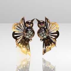Vintage 18k 750 Yellow Gold Old Cut Natural Diamond Bird Shape Earrings
