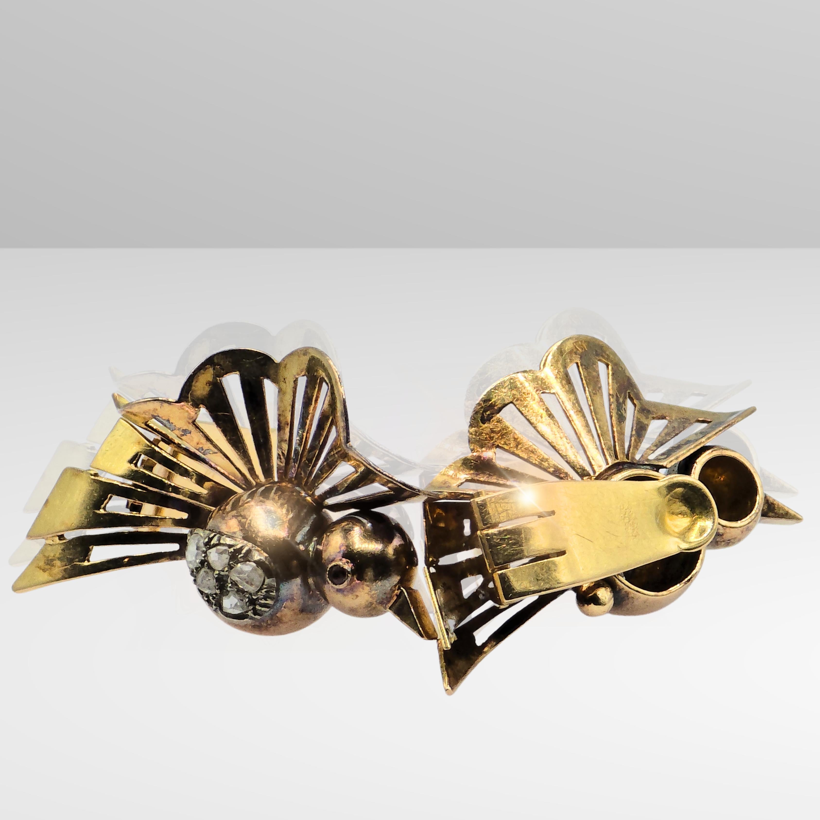 Old European Cut Vintage 18k 750 Yellow Gold Old Cut Natural Diamond Bird Shape Earrings For Sale