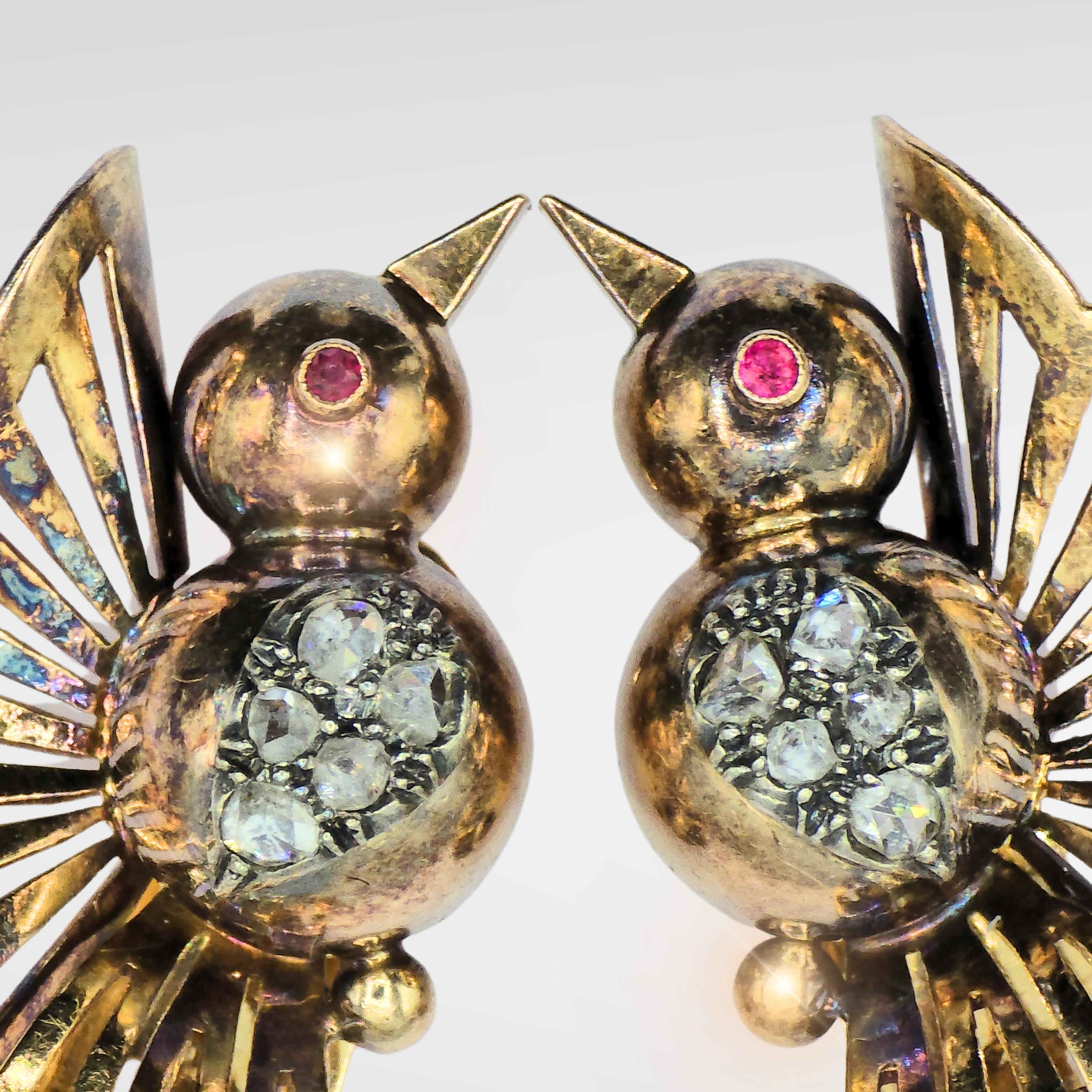 Women's Vintage 18k 750 Yellow Gold Old Cut Natural Diamond Bird Shape Earrings For Sale