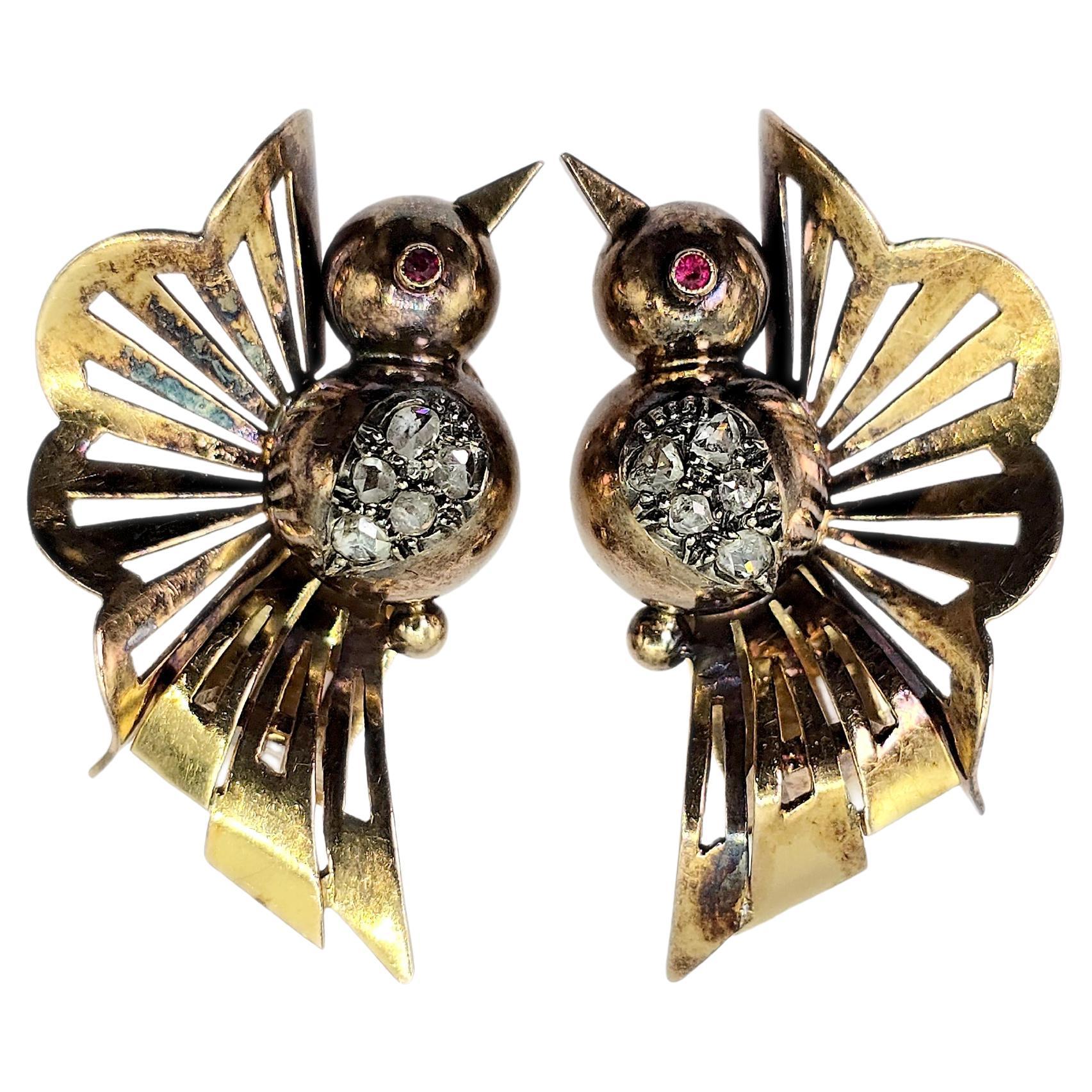 Vintage 18k 750 Yellow Gold Old Cut Natural Diamond Bird Shape Earrings