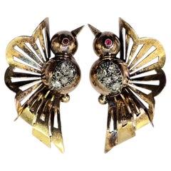 Vintage 18k 750 Yellow Gold Old Cut Natural Diamond Bird Shape Earrings