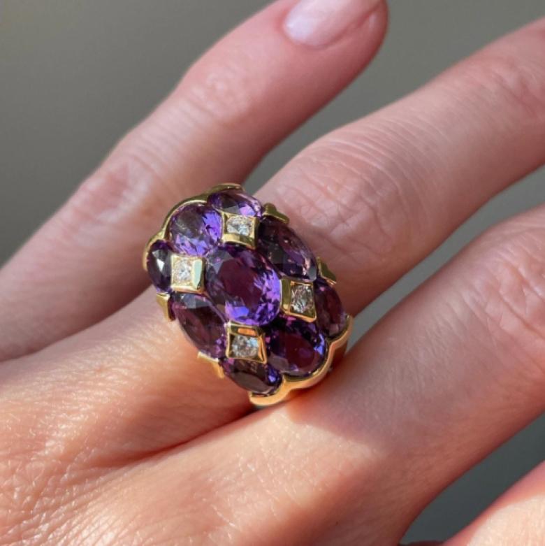 Oval Cut Vintage 18k Amethyst and Diamond Dome Ring For Sale