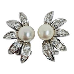 Vintage 18K Atelier Floral Perle & Diamant Clip-On Ohrringe signiert