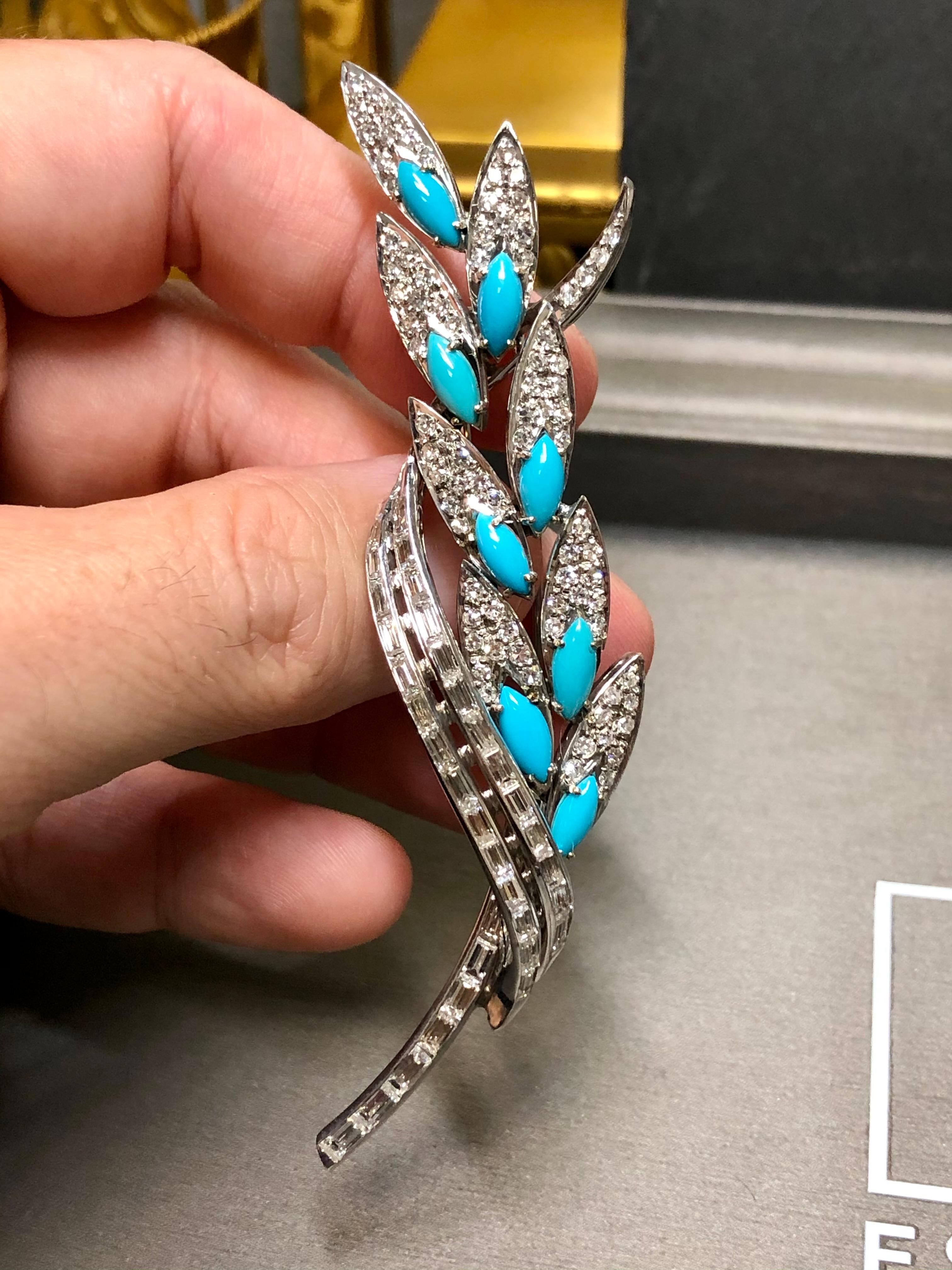 Vintage 18K Baguette Round Diamond Turquoise Leaf Brooch Pin Pendant 6.36cttw For Sale 4