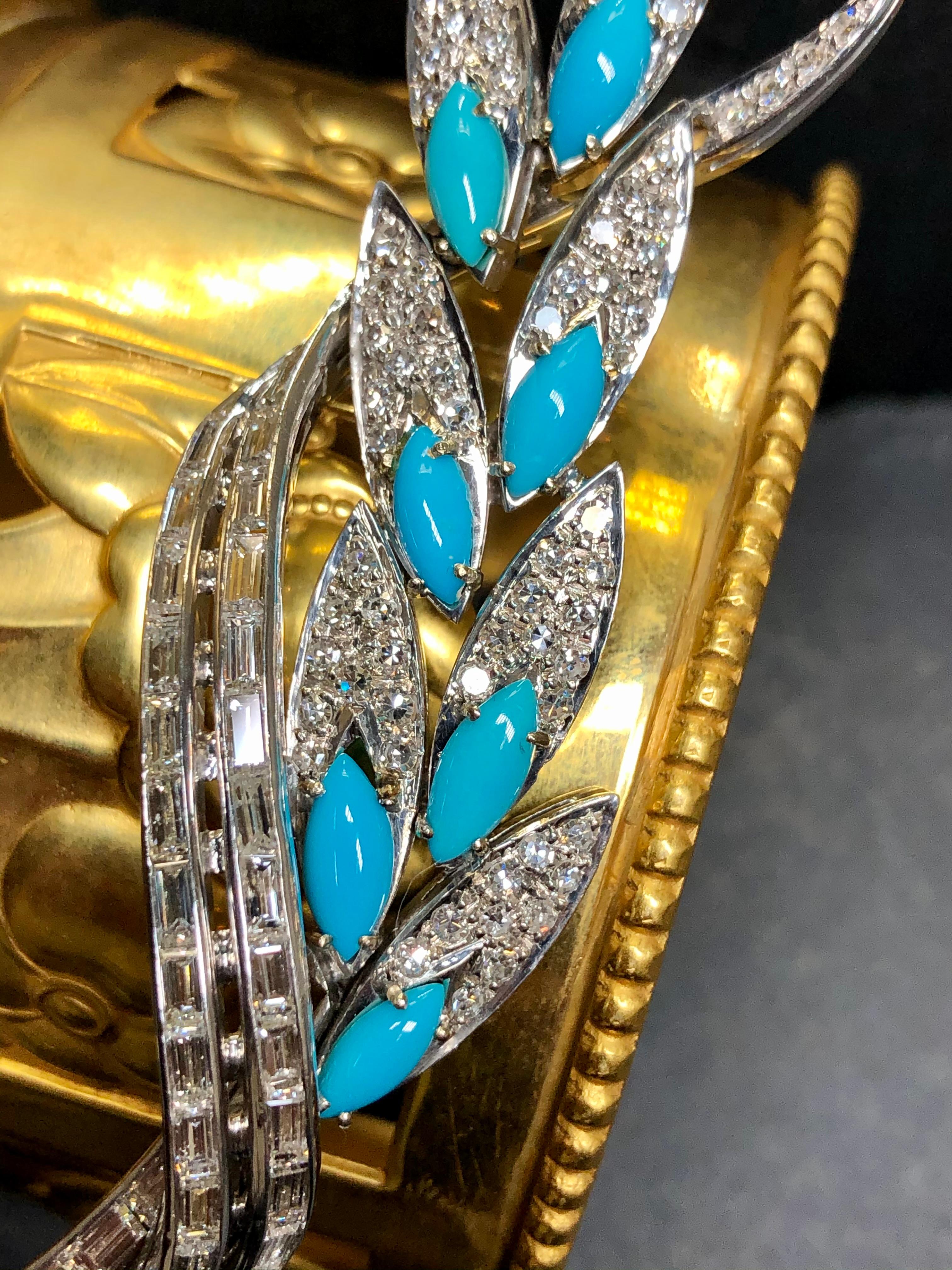 Retro Vintage 18K Baguette Round Diamond Turquoise Leaf Brooch Pin Pendant 6.36cttw For Sale