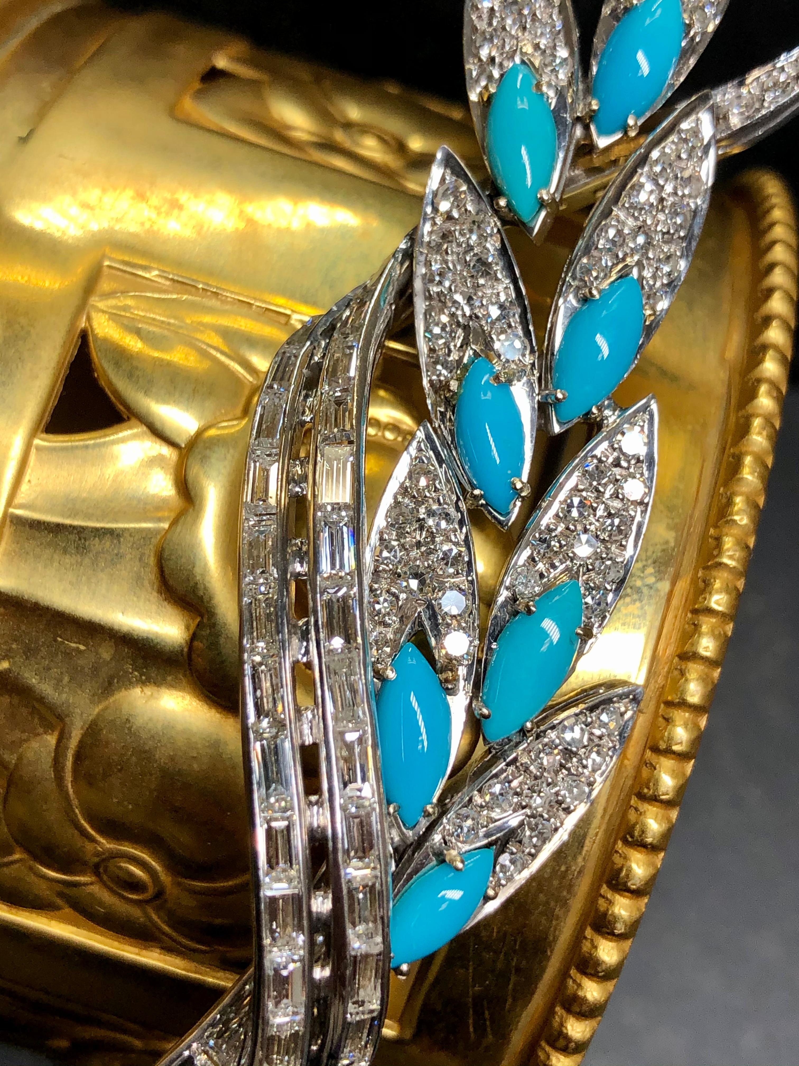 Round Cut Vintage 18K Baguette Round Diamond Turquoise Leaf Brooch Pin Pendant 6.36cttw For Sale
