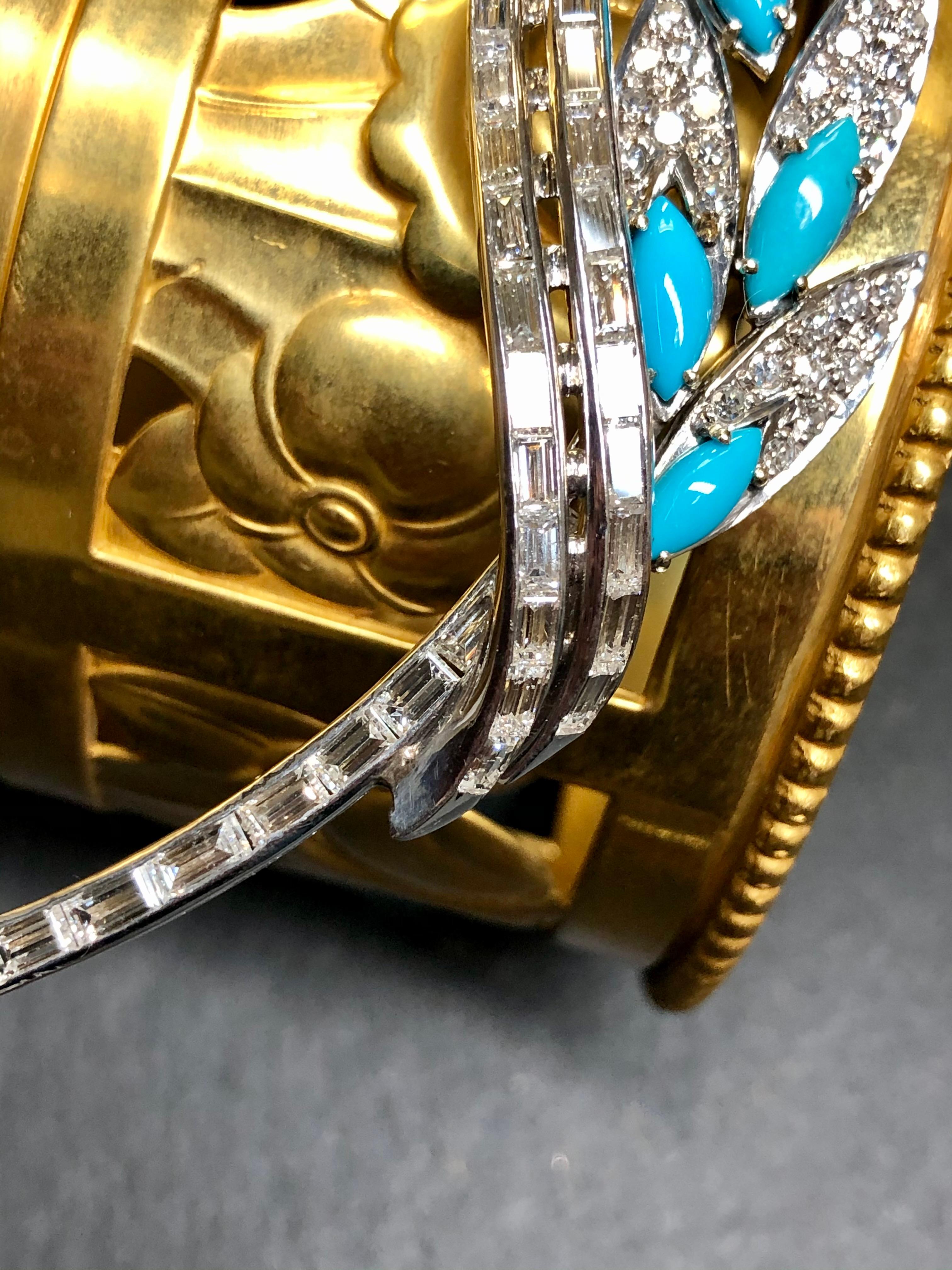 Vintage 18K Baguette Round Diamond Turquoise Leaf Brooch Pin Pendant 6.36cttw In Good Condition For Sale In Winter Springs, FL
