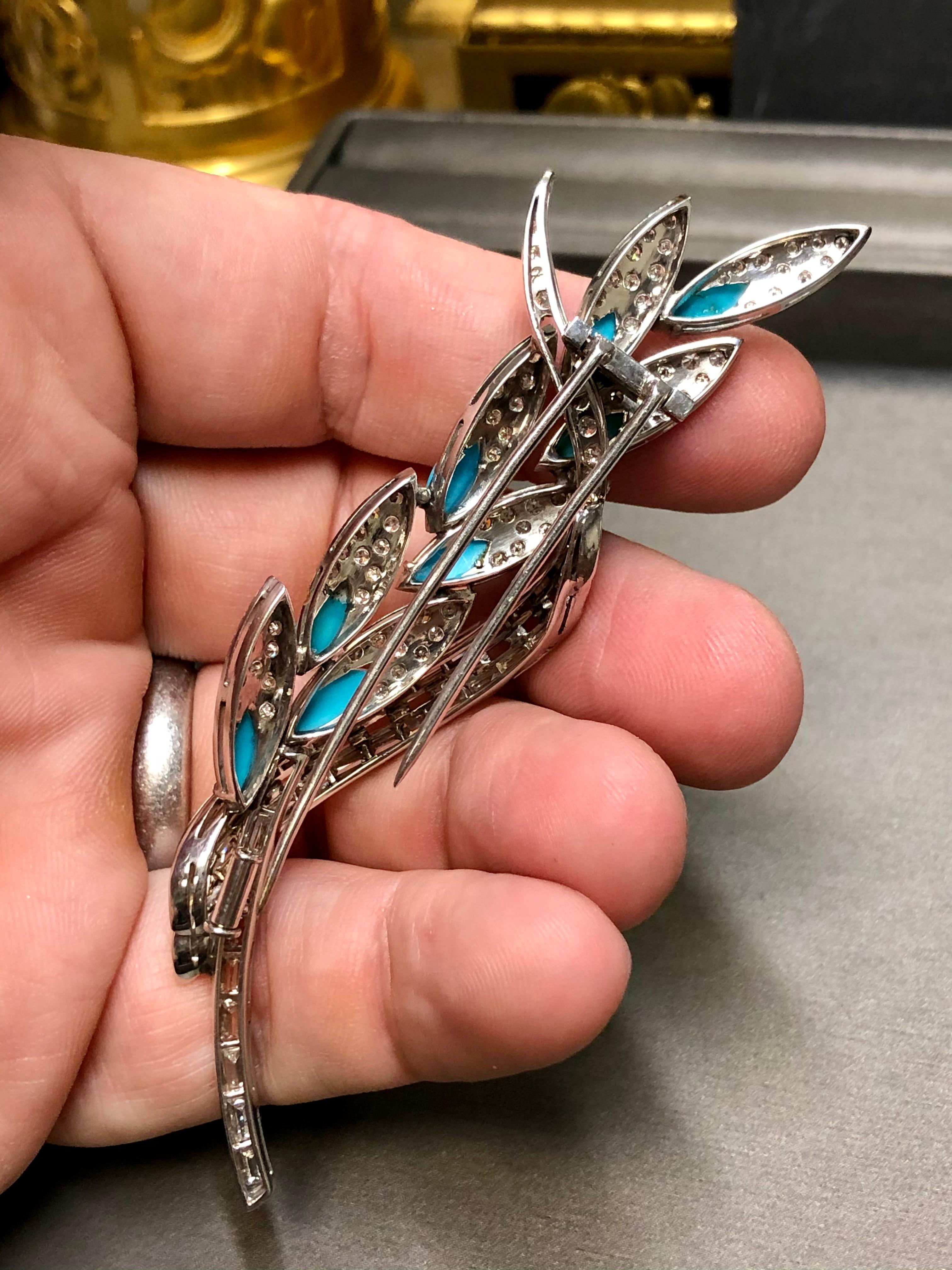 Vintage 18K Baguette Round Diamond Turquoise Leaf Brooch Pin Pendant 6.36cttw For Sale 3