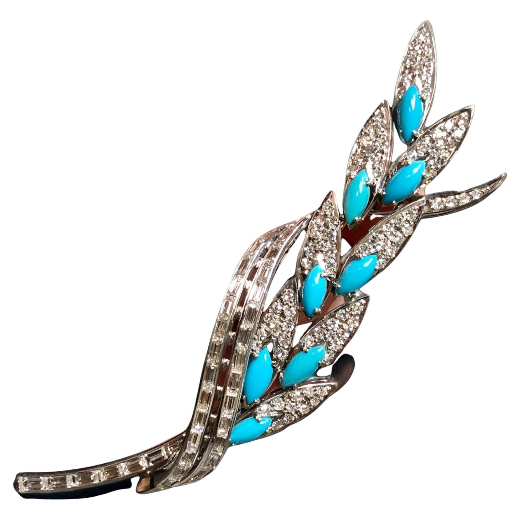 Vintage 18K Baguette Round Diamond Turquoise Leaf Brooch Pin Pendant 6.36cttw For Sale