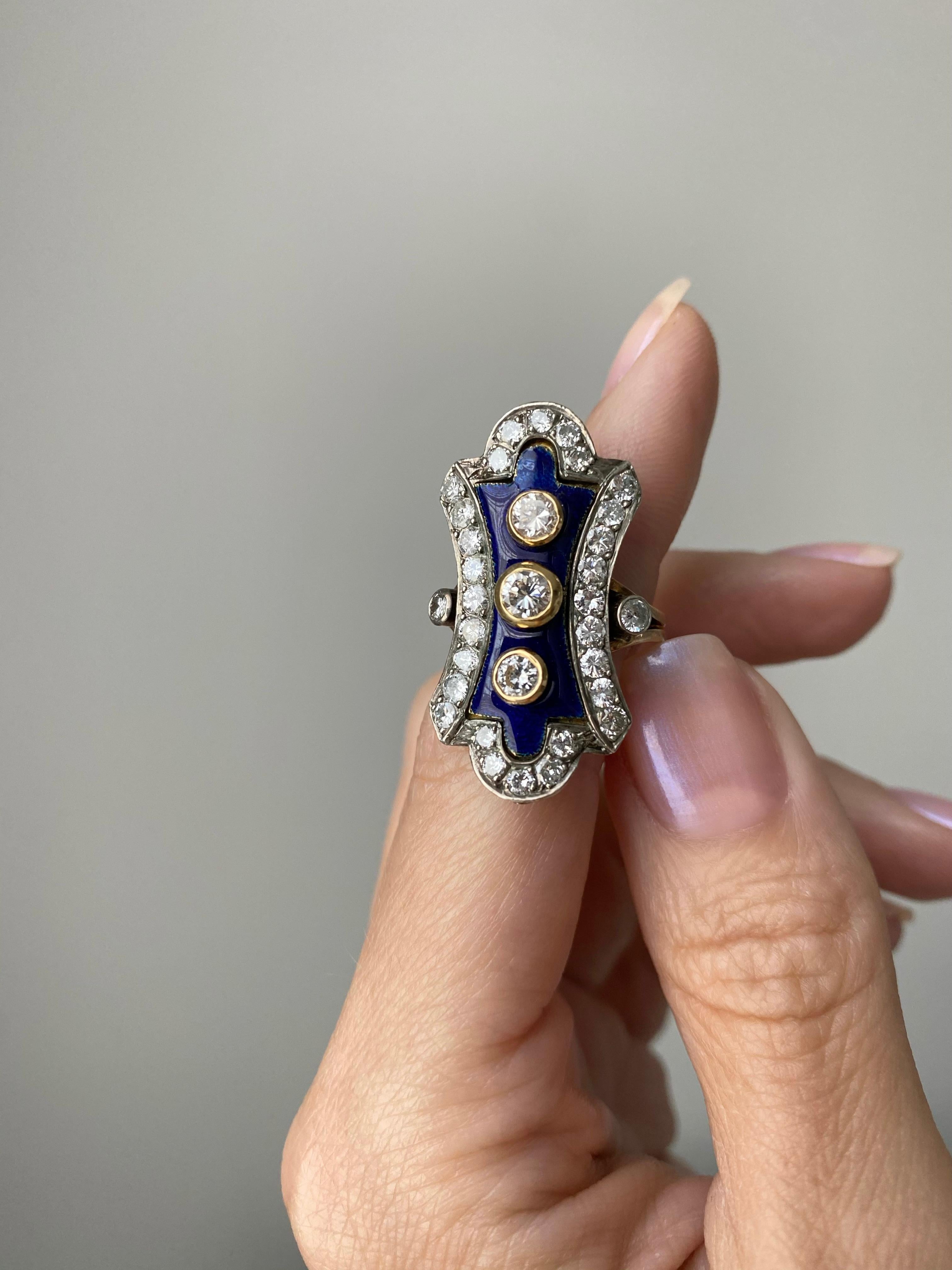 Women's Vintage 18K Blue Enamel and Diamond Ring For Sale