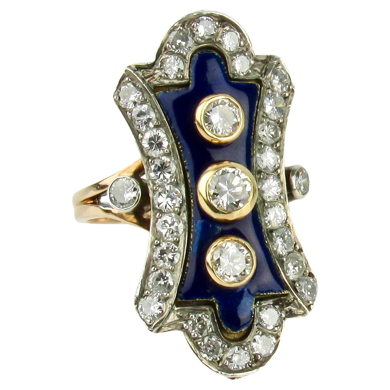 Vintage 18K Blue Enamel and Diamond Ring For Sale