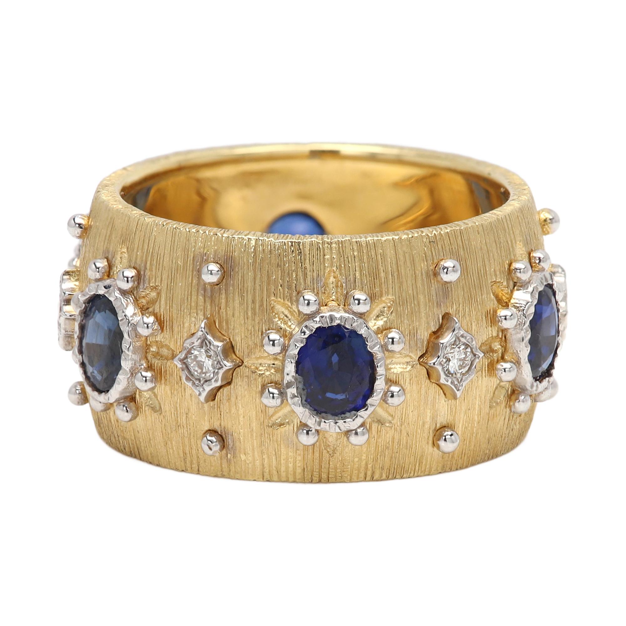Vintage Lovely Gold Ring Band
Brilliant Colors of Natural Sapphire Gemstones
18k Yellow Gold approx 9.1 grams
Finger size 7 (not resizable)
Natural Blue Sapphire approx 2.05 carat (mix sizes)
Natural Diamonds  few small 0.09 carat total
Width from