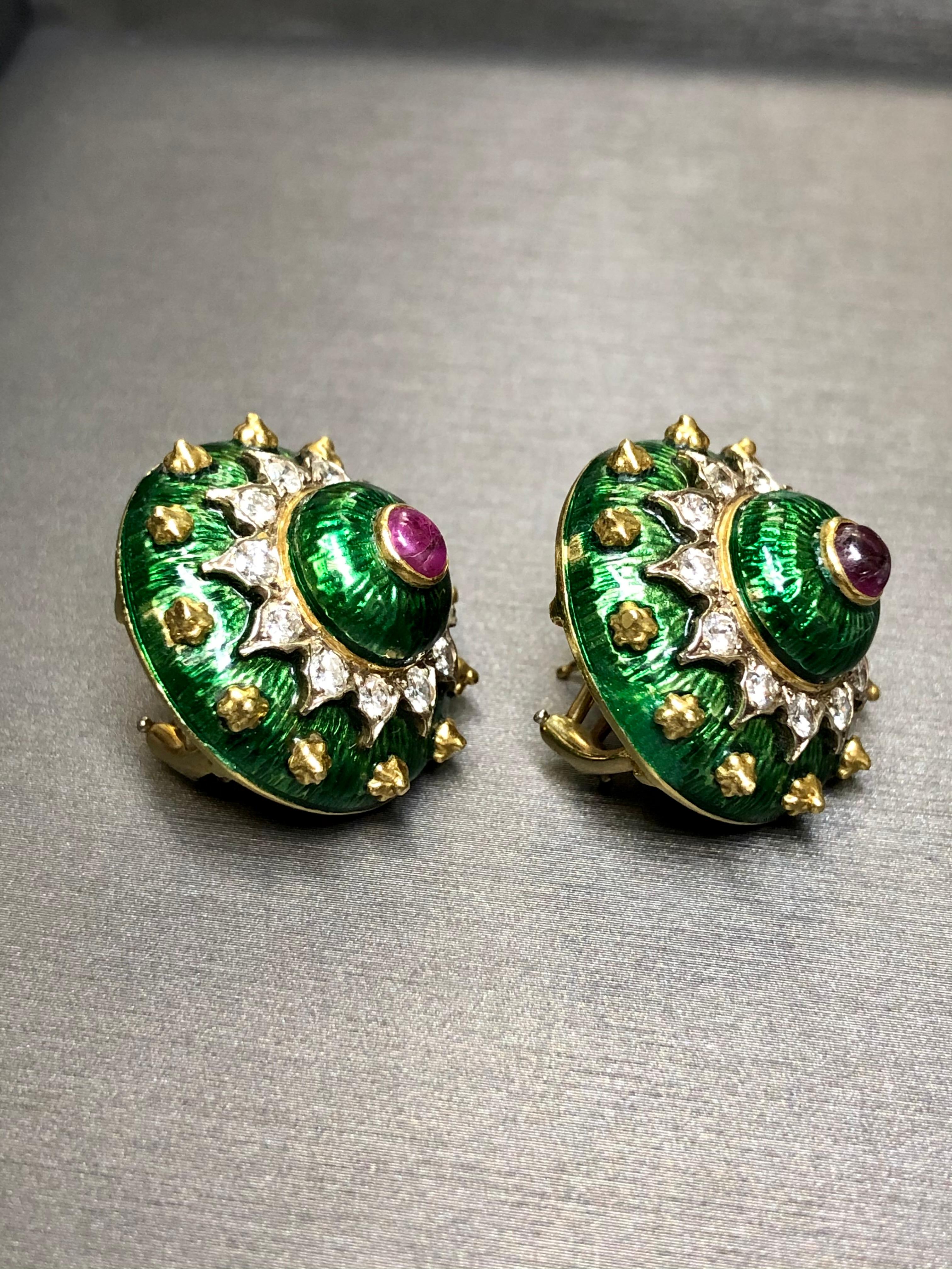 Contemporary Vintage 18K BORIS LEBEAU Green Enamel Ruby Diamond Spiked Omega Huggie Earrings For Sale