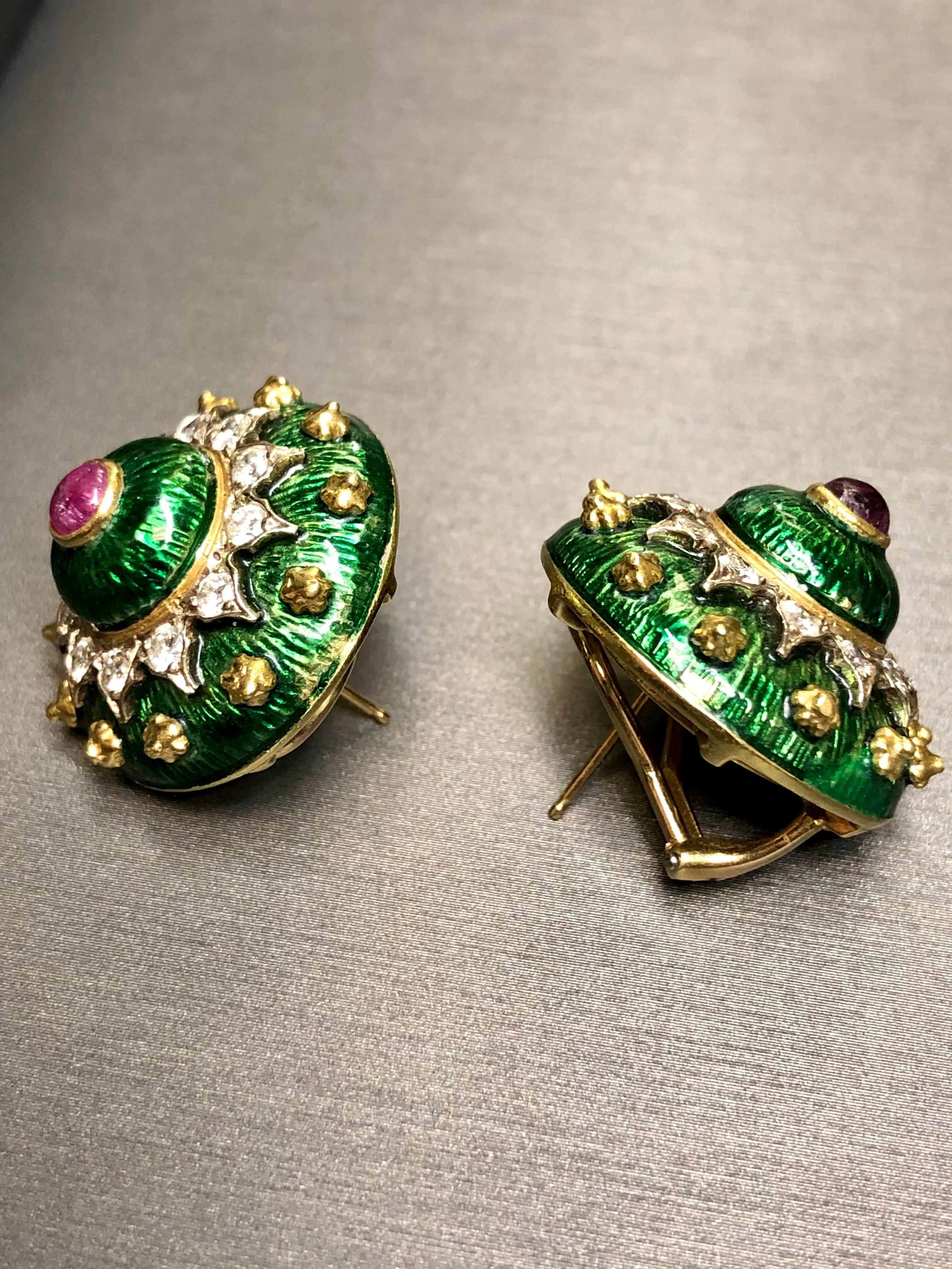 Cabochon Vintage 18K BORIS LEBEAU Green Enamel Ruby Diamond Spiked Omega Huggie Earrings For Sale