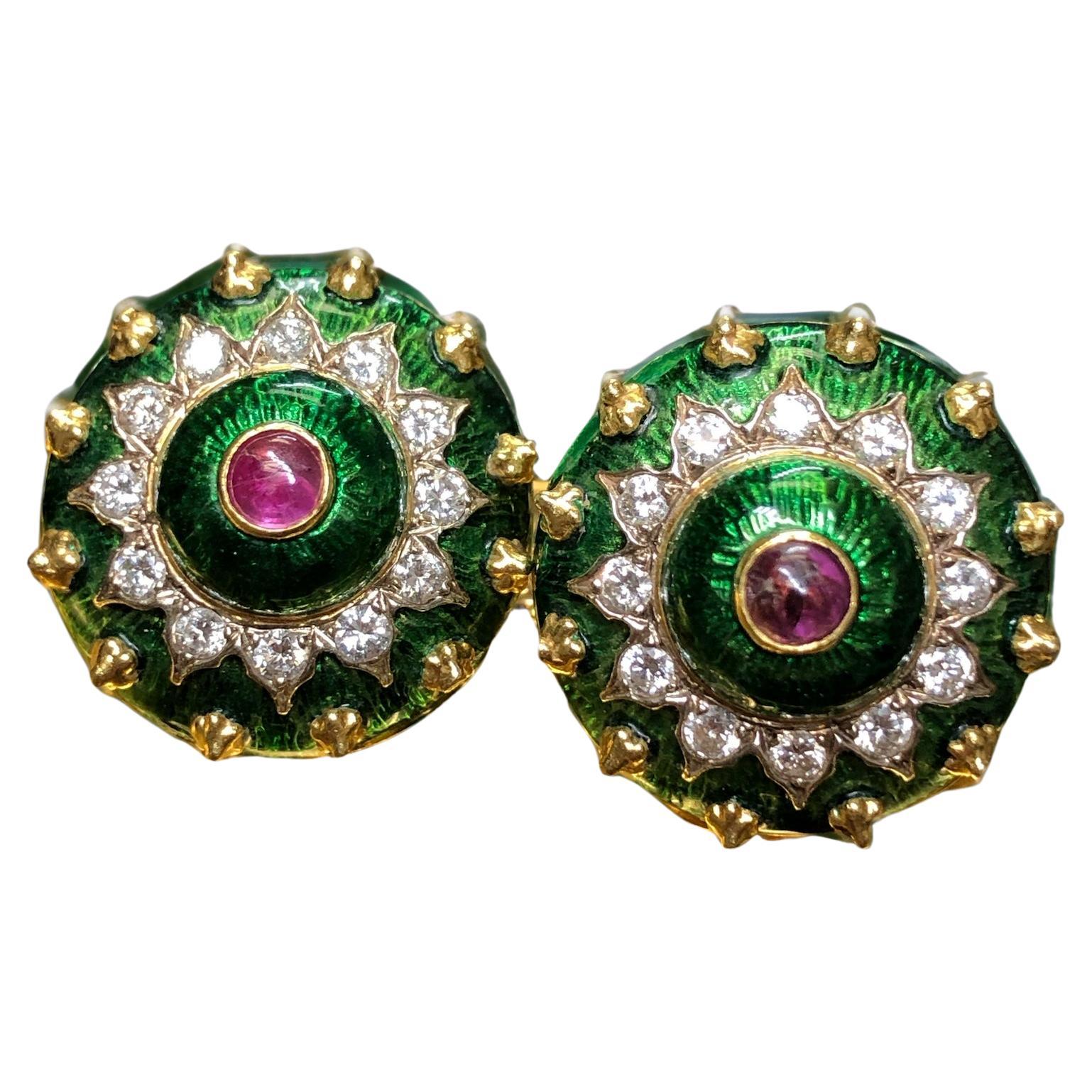 Vintage 18K BORIS LEBEAU Green Enamel Ruby Diamond Spiked Omega Huggie Earrings For Sale