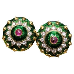 Vintage 18K BORIS LEBEAU Green Enamel Ruby Diamond Spiked Omega Huggie Earrings