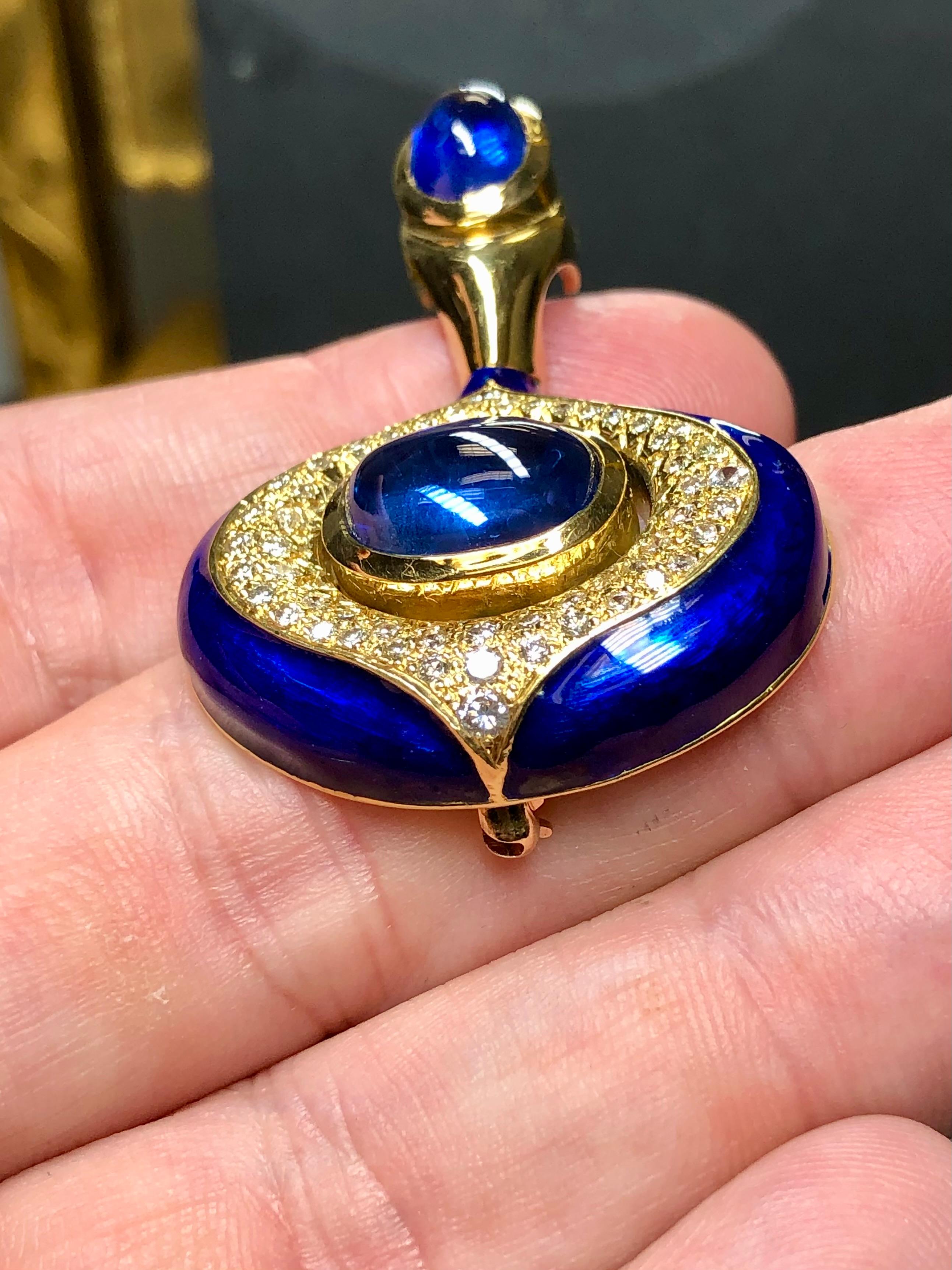 Vintage 18K Cabochon Ceylon Sapphire Diamond Enamel Brooch Pendant 11.85cttw GIA 5