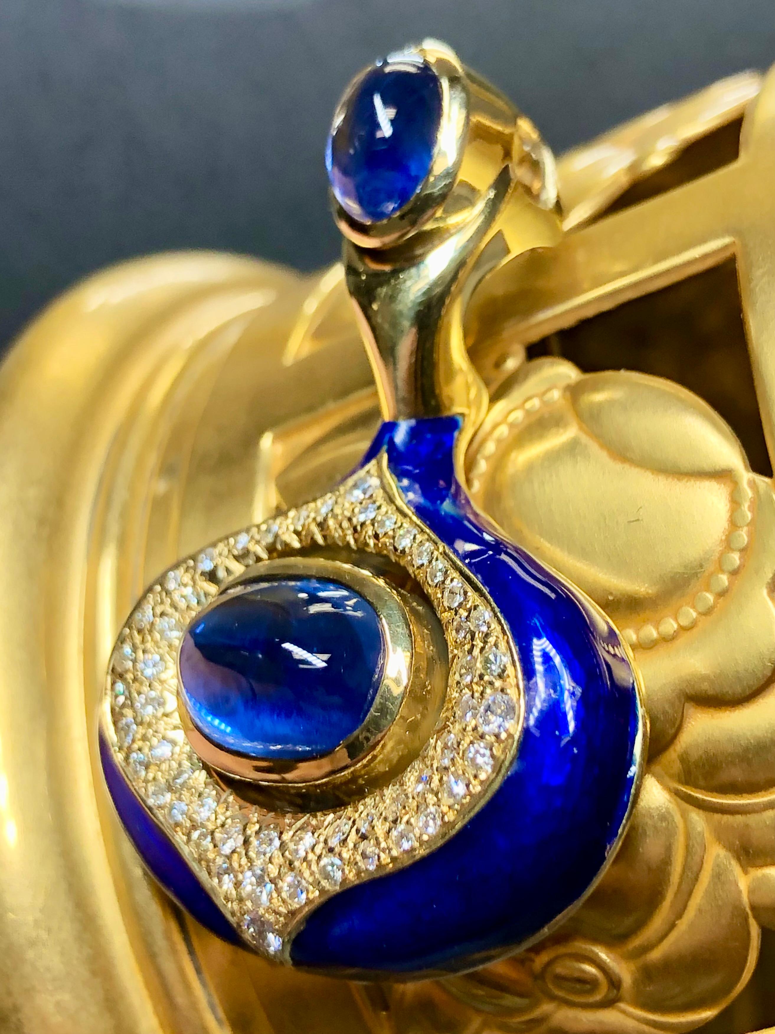 Vintage 18K Cabochon Ceylon Sapphire Diamond Enamel Brooch Pendant 11.85cttw GIA 3
