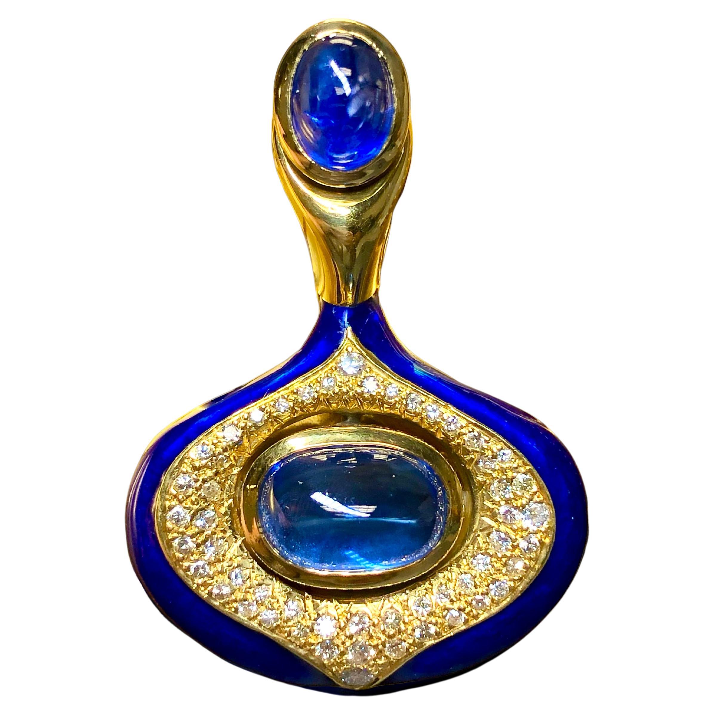 Vintage 18K Cabochon Ceylon Sapphire Diamond Enamel Brooch Pendant 11.85cttw GIA For Sale