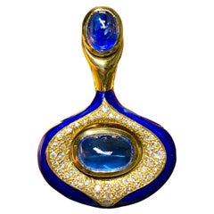 Vintage 18K Cabochon Ceylon Sapphire Diamond Enamel Brooch Pendentif 11.85cttw GIA