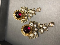 Vintage 18K Cabochon Garnet Rose Cut Quartz Dangle Drop Earrings