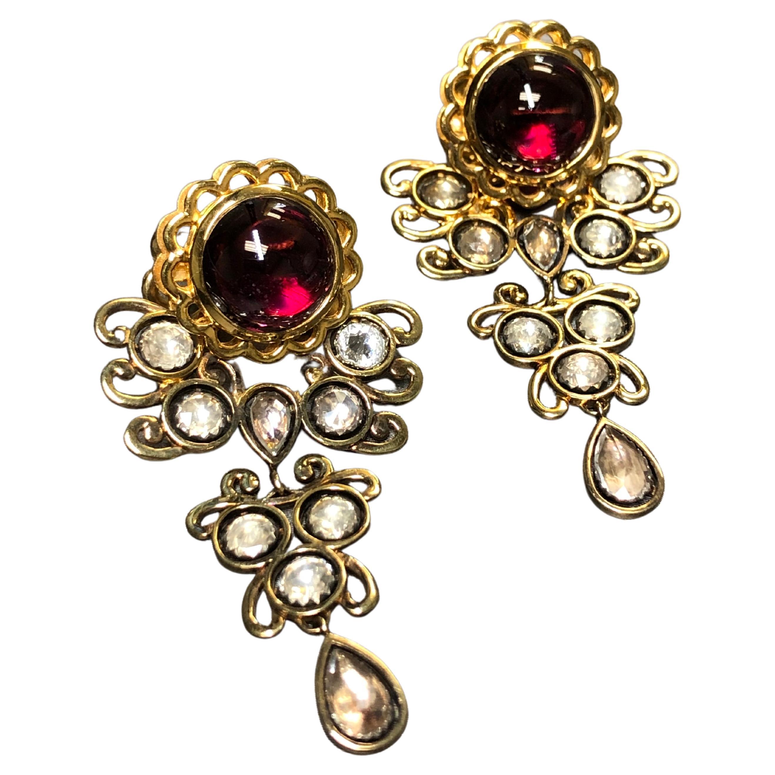Vintage 18K Cabochon Garnet Rose Cut Quartz Dangle Drop Earrings  For Sale