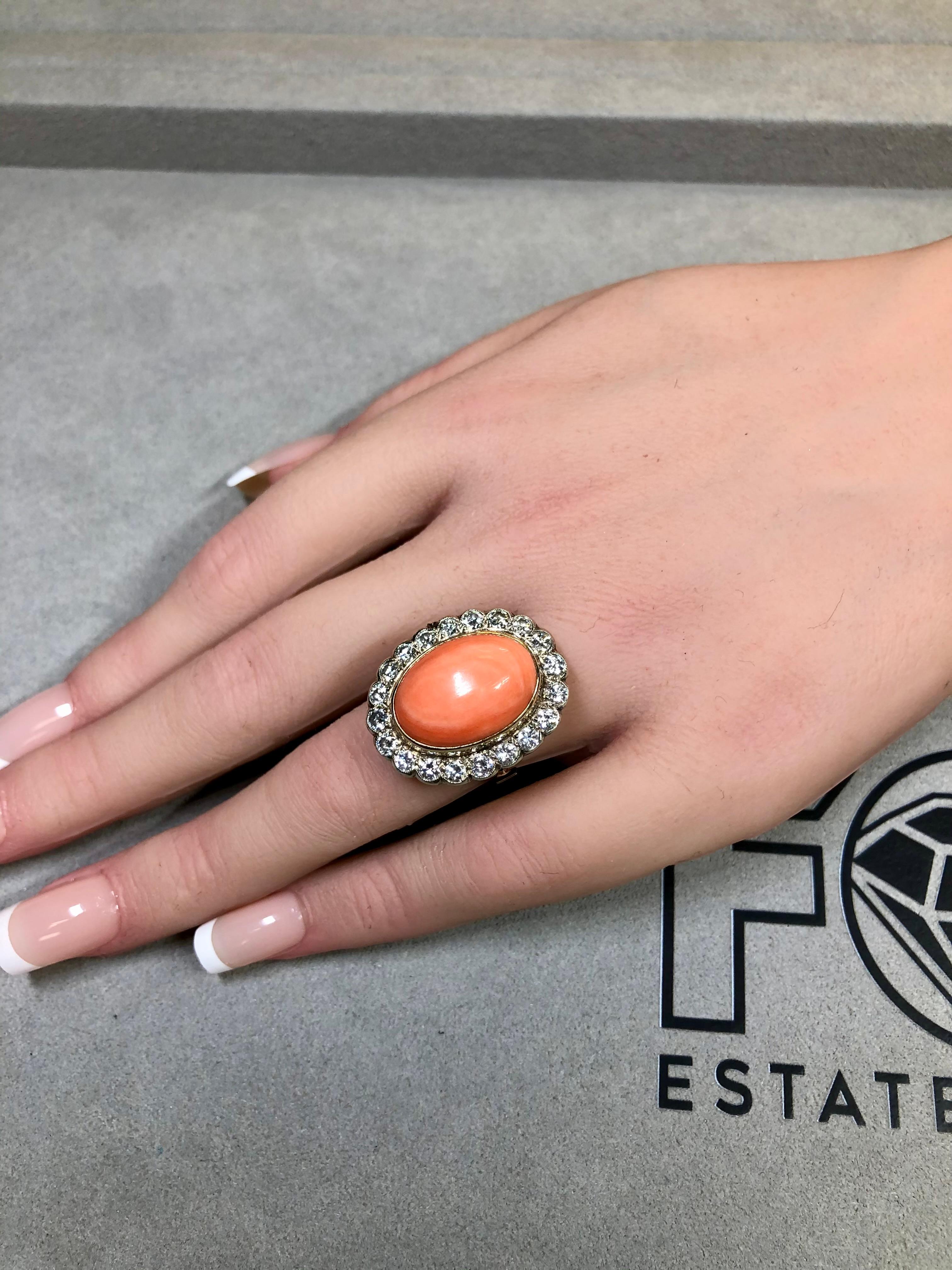 Vintage 18K Cabochon Pink Coral Transitional Cut Diamond Rosetta Cocktail Ring For Sale 6